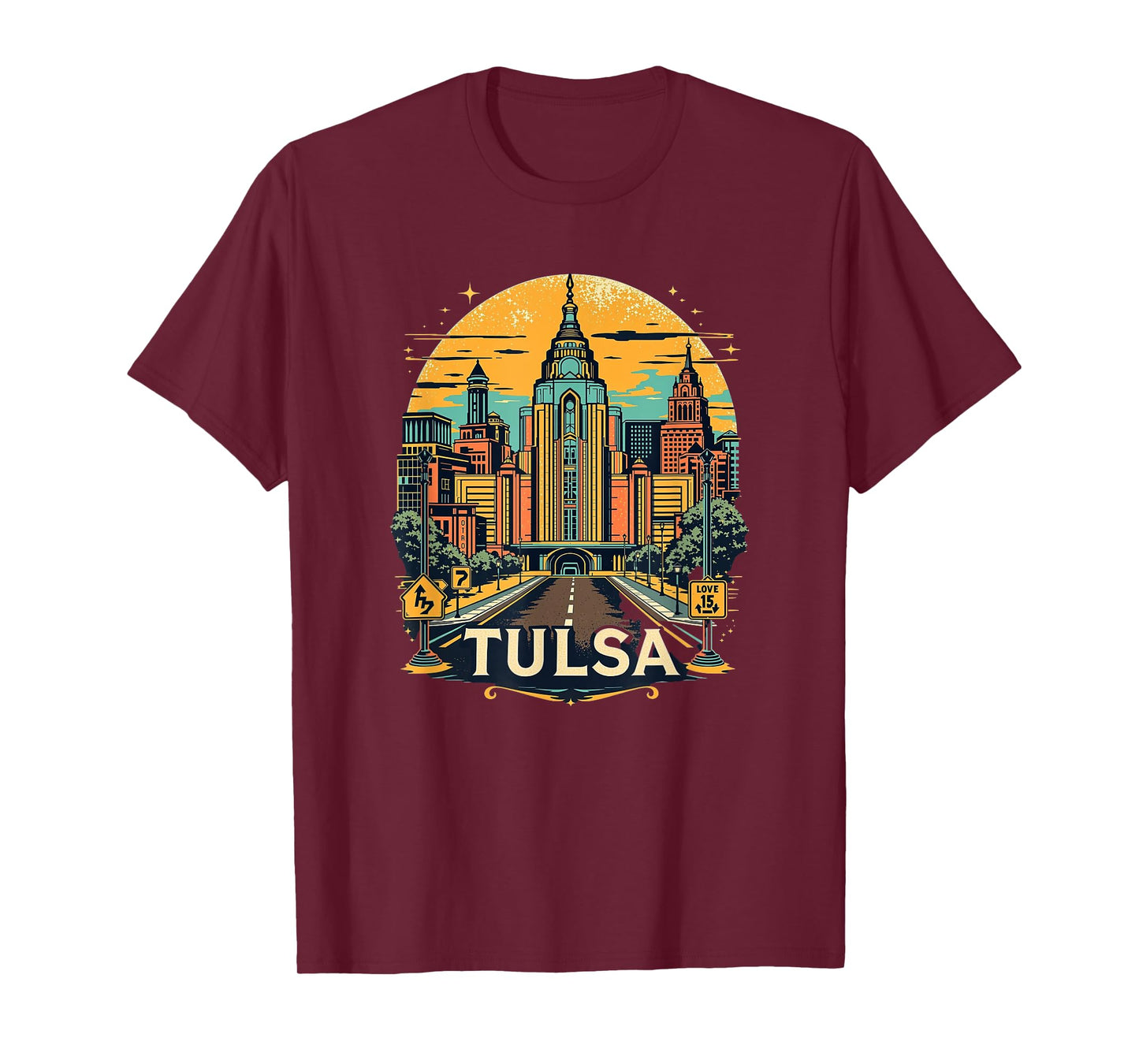 Vintage Tulsa Oklahoma Sunset Skyline Cityscape T-Shirt