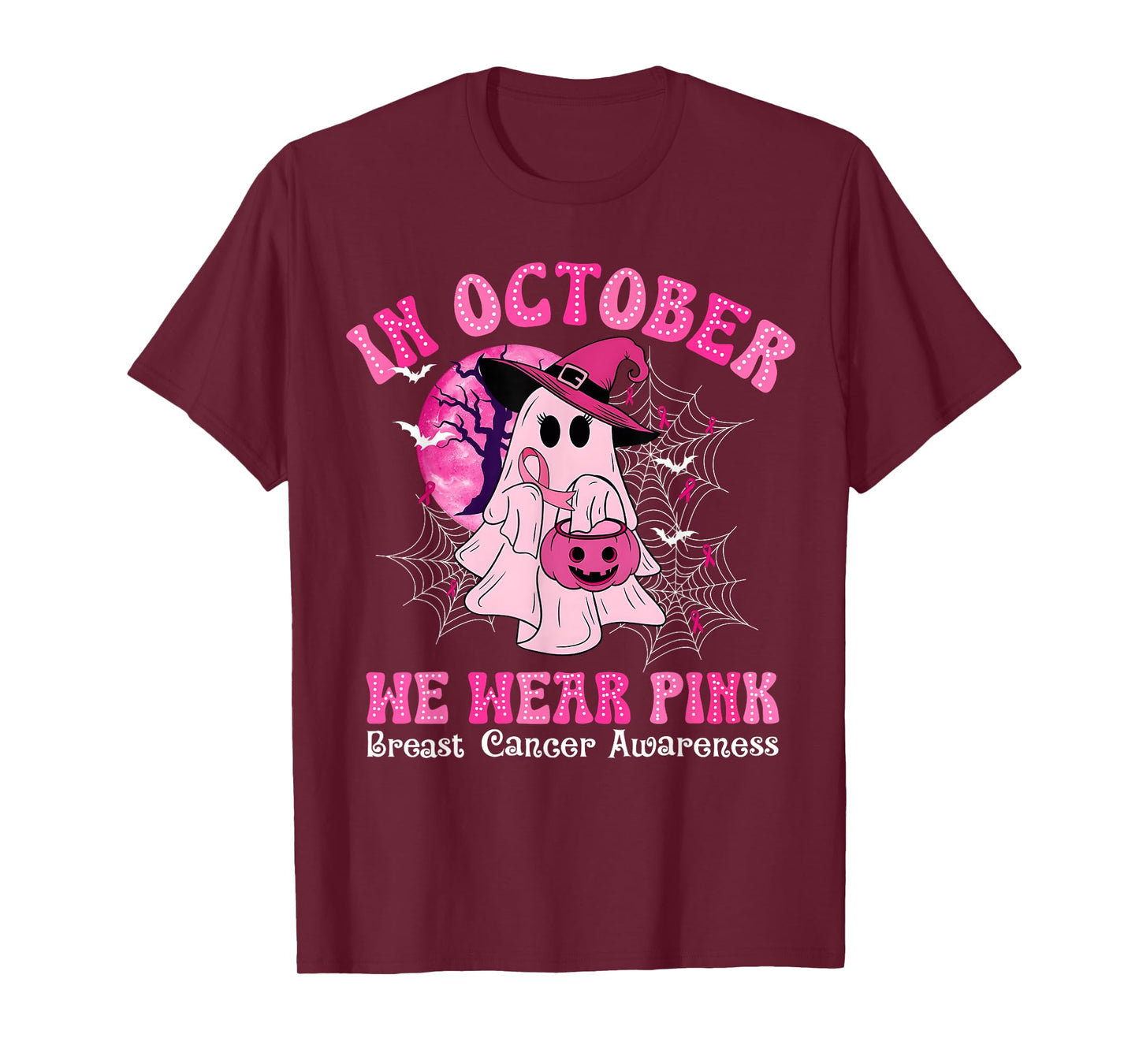 in October We Wear Pink Ghost Witch Breast Cancer Awareness T-Shirt