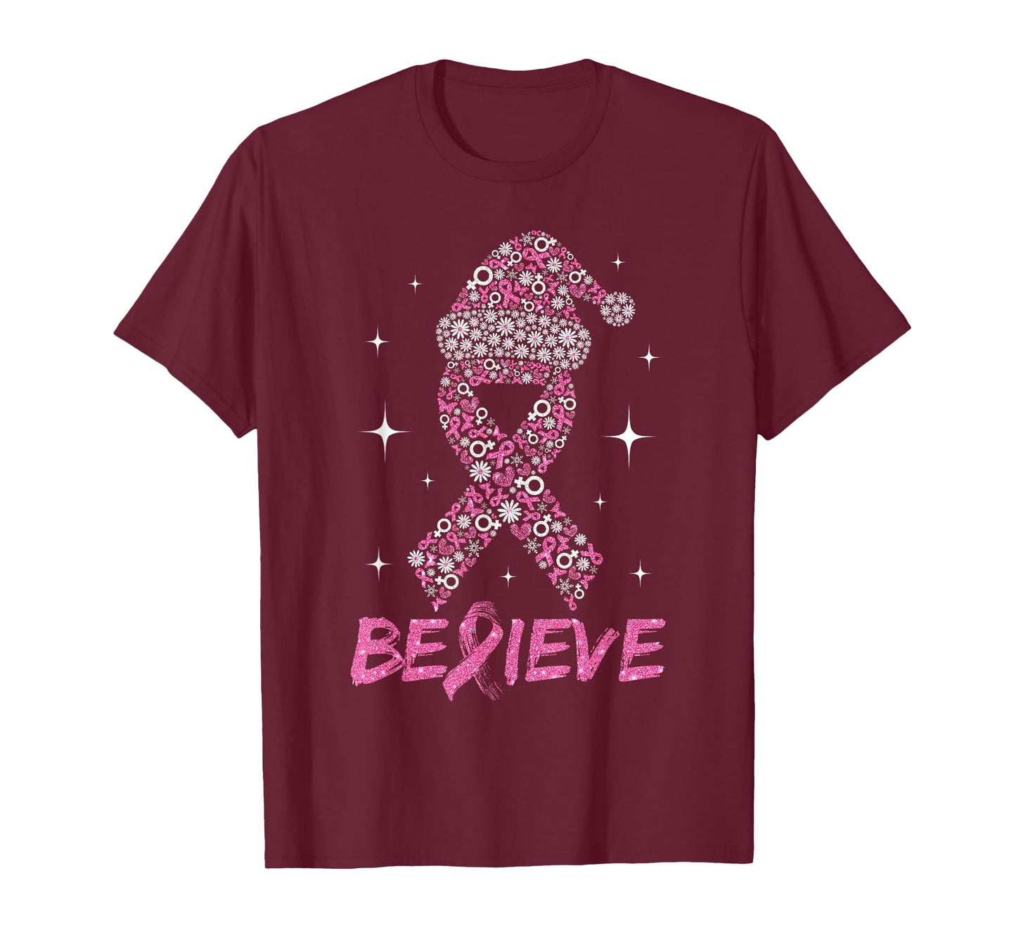Believe Pink Ribbon with Santa Hat Christmas Breast Cancer T-Shirt
