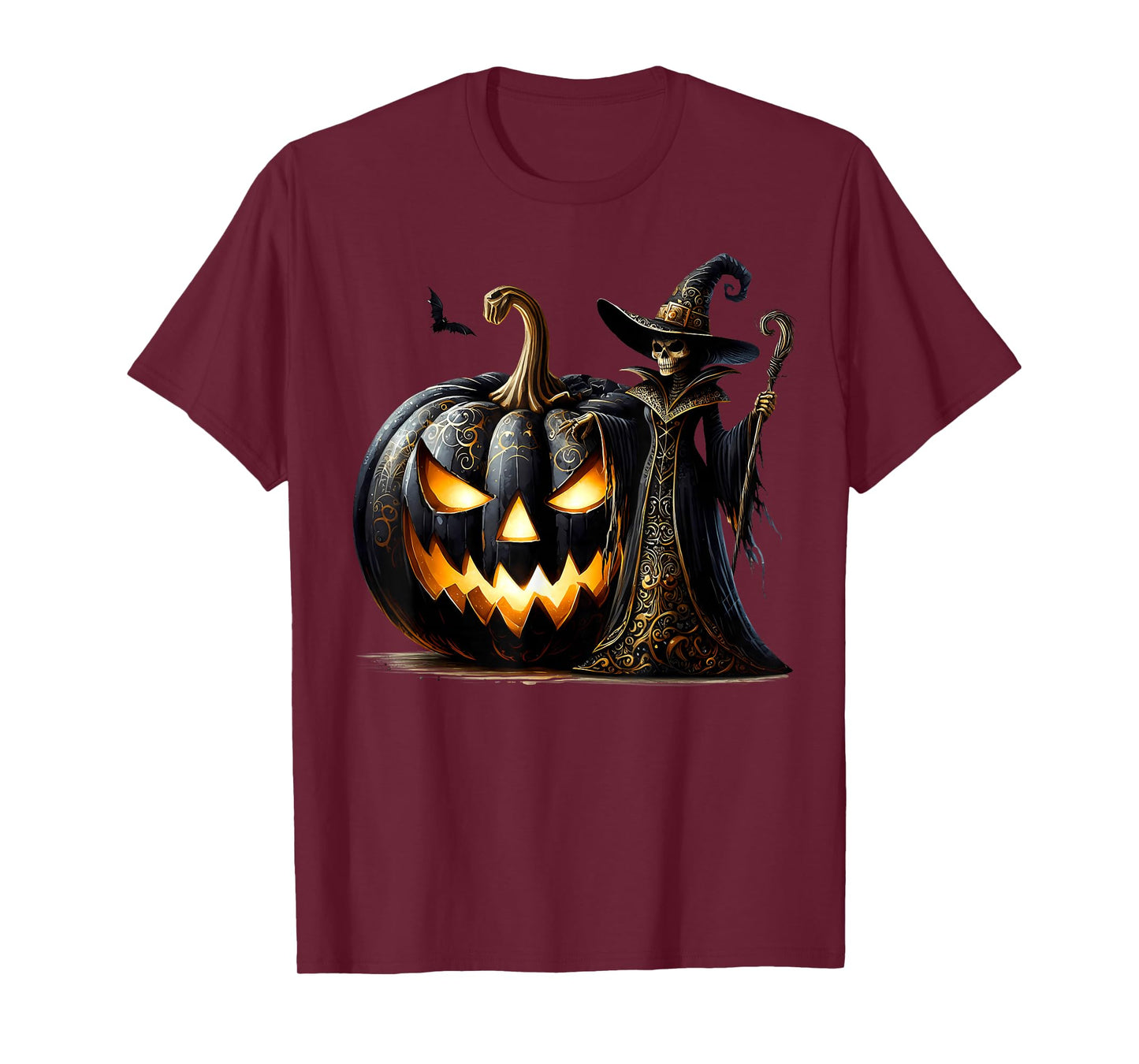 Spooky Halloween Skeleton Witch with Creepy Black Pumpkin T-Shirt
