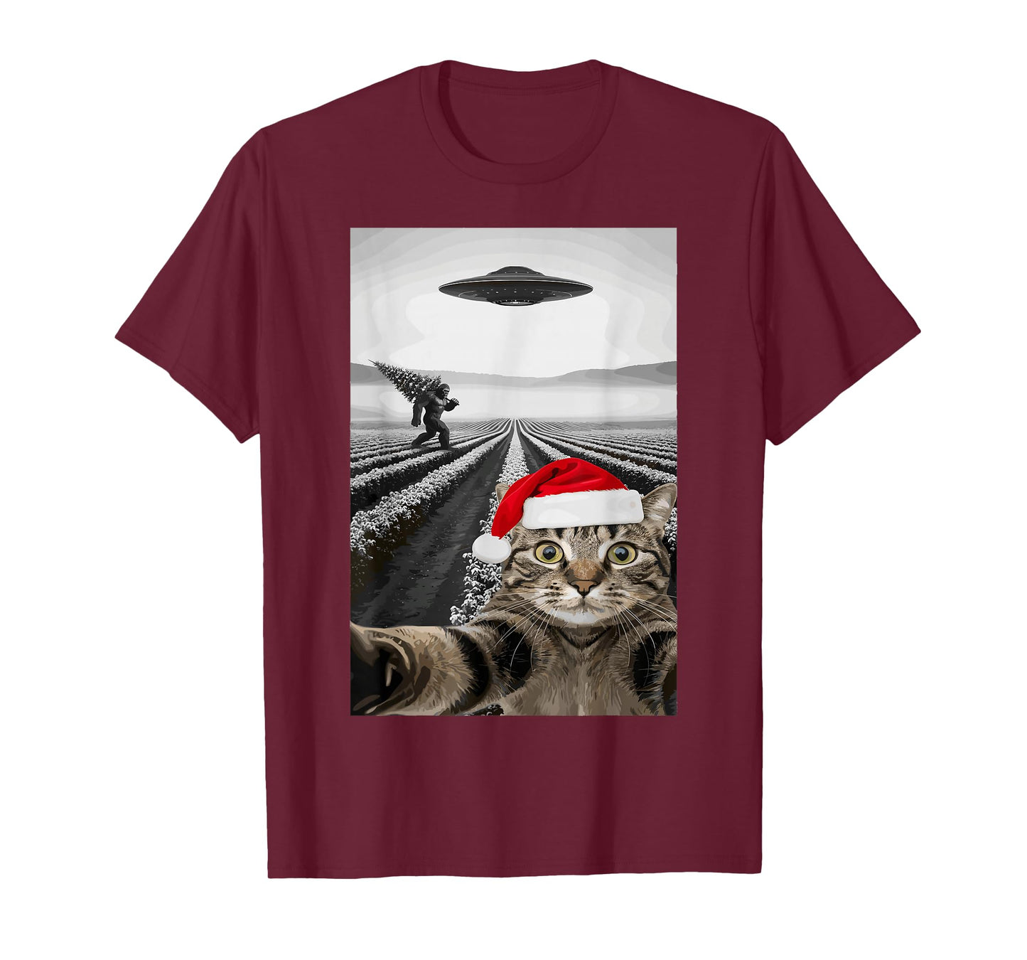 Christmas Cat Selfie Bigfoot UFO Santa Hat Funny T-Shirt