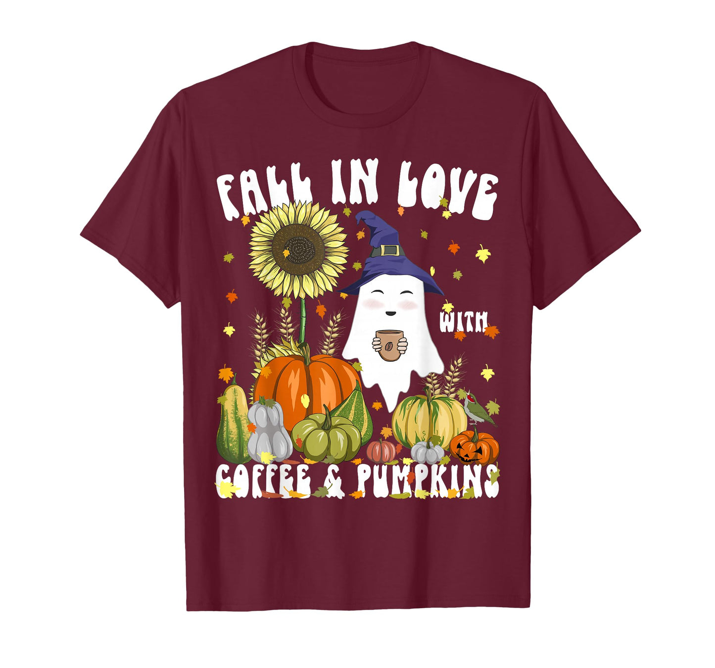 Fall in Love with Coffee & Pumpkins Witch Ghost Halloween T-Shirt