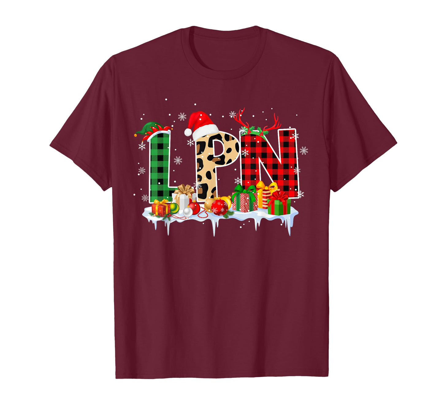 Leopard Red Plaid LPN Nursing Santa Hat Reindeer Christmas T-Shirt