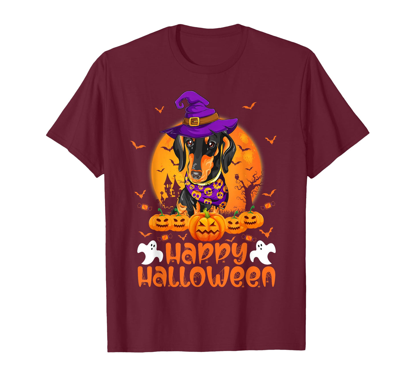 Vintage Pumpkin Dachshund Dog Witch Funny Halloween Costume T-Shirt