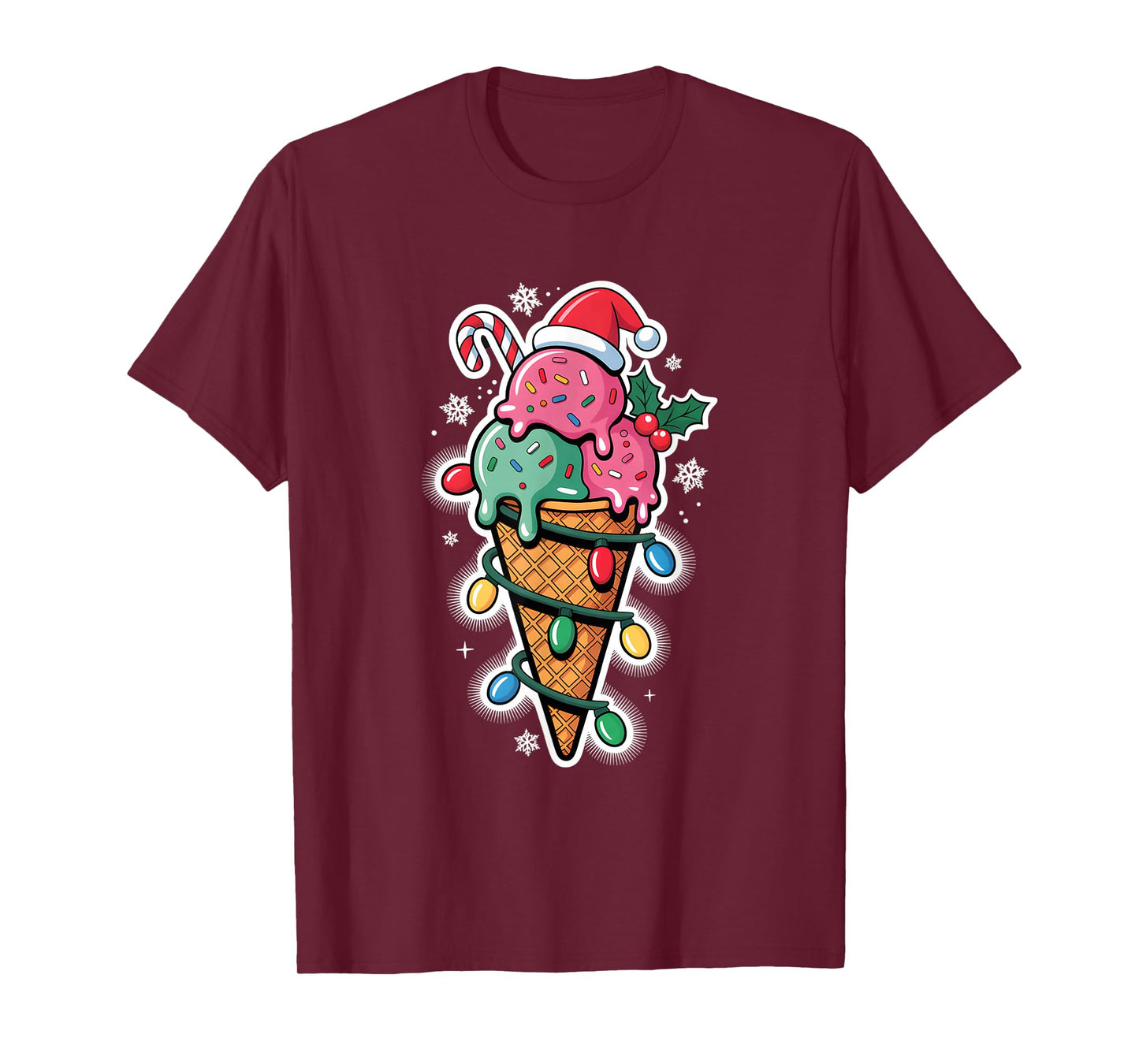 Christmas Lights Ice Cream Cone Santa Hat for Women Kids T-Shirt