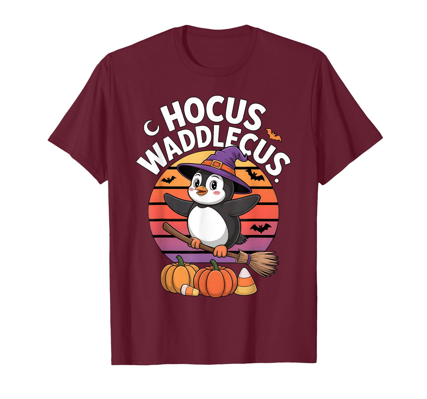 Hocus Hootcus Owl Witch Hat Broom Pumpkin Bat Halloween Kids T-Shirt