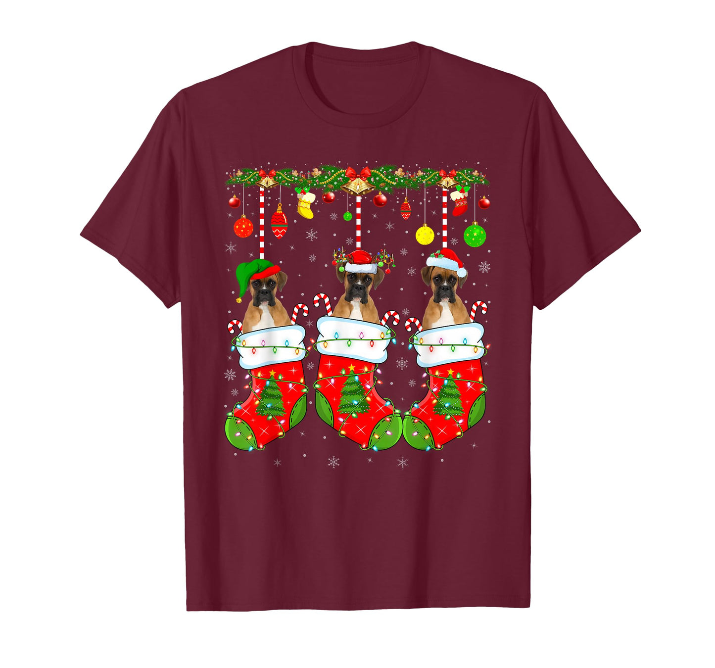 Boxer Dog in Christmas Socks Funny Pet Dog Lover Xmas T-Shirt
