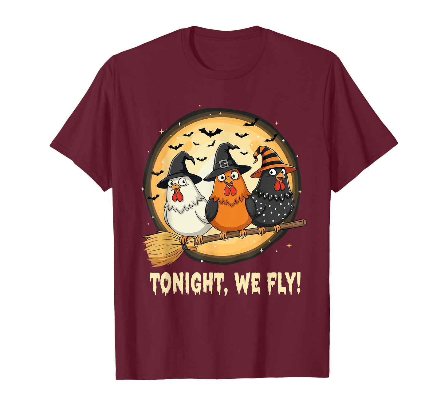 Halloween Witch Chickens Broomstick Funny Spooky Moon Tee T-Shirt