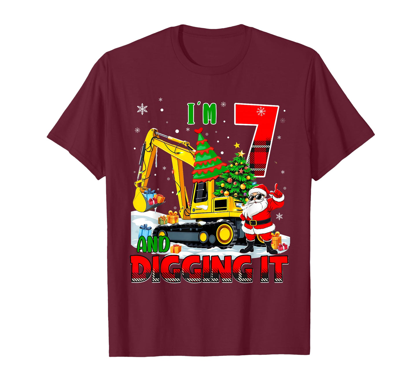 I'm 7 Construction 7th Birthday Kid Boy Xmas Excavator Santa T-Shirt