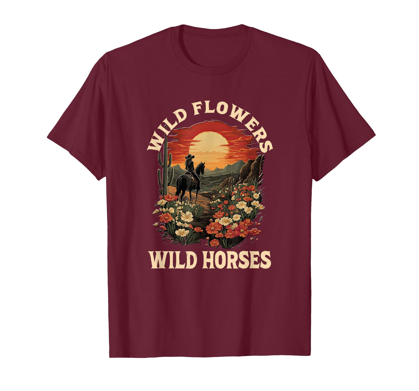 western sunset cowgirl riding horse wild flowers wild horses T-Shirt
