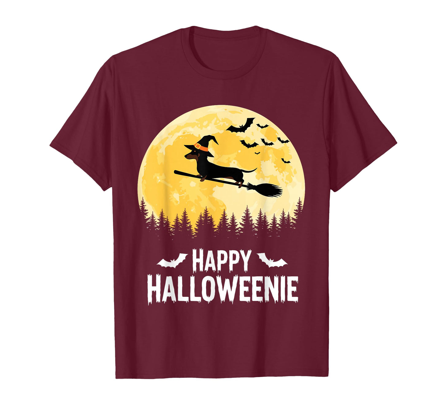 Happy Halloweenie Funny Halloween Dachshund Flying Witch T-Shirt
