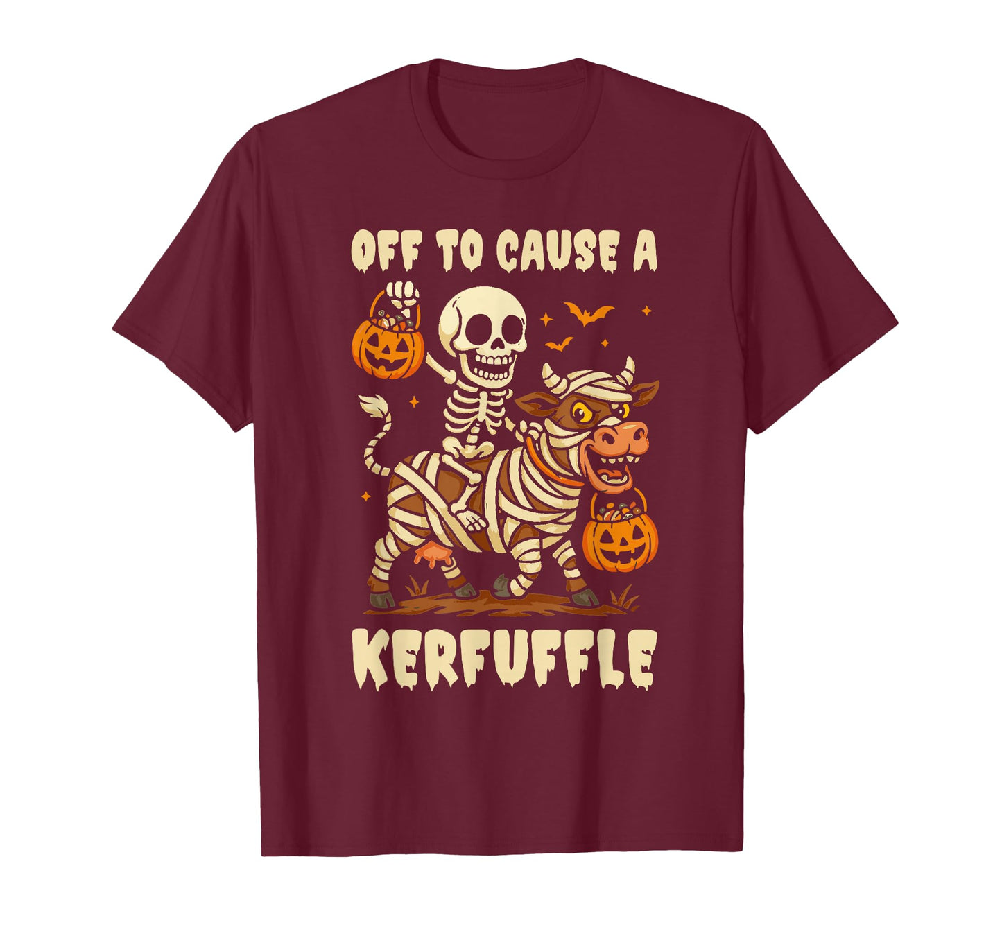 Off to Cause A Kerfuffle Funny Skeleton Riding Cow Halloween T-Shirt