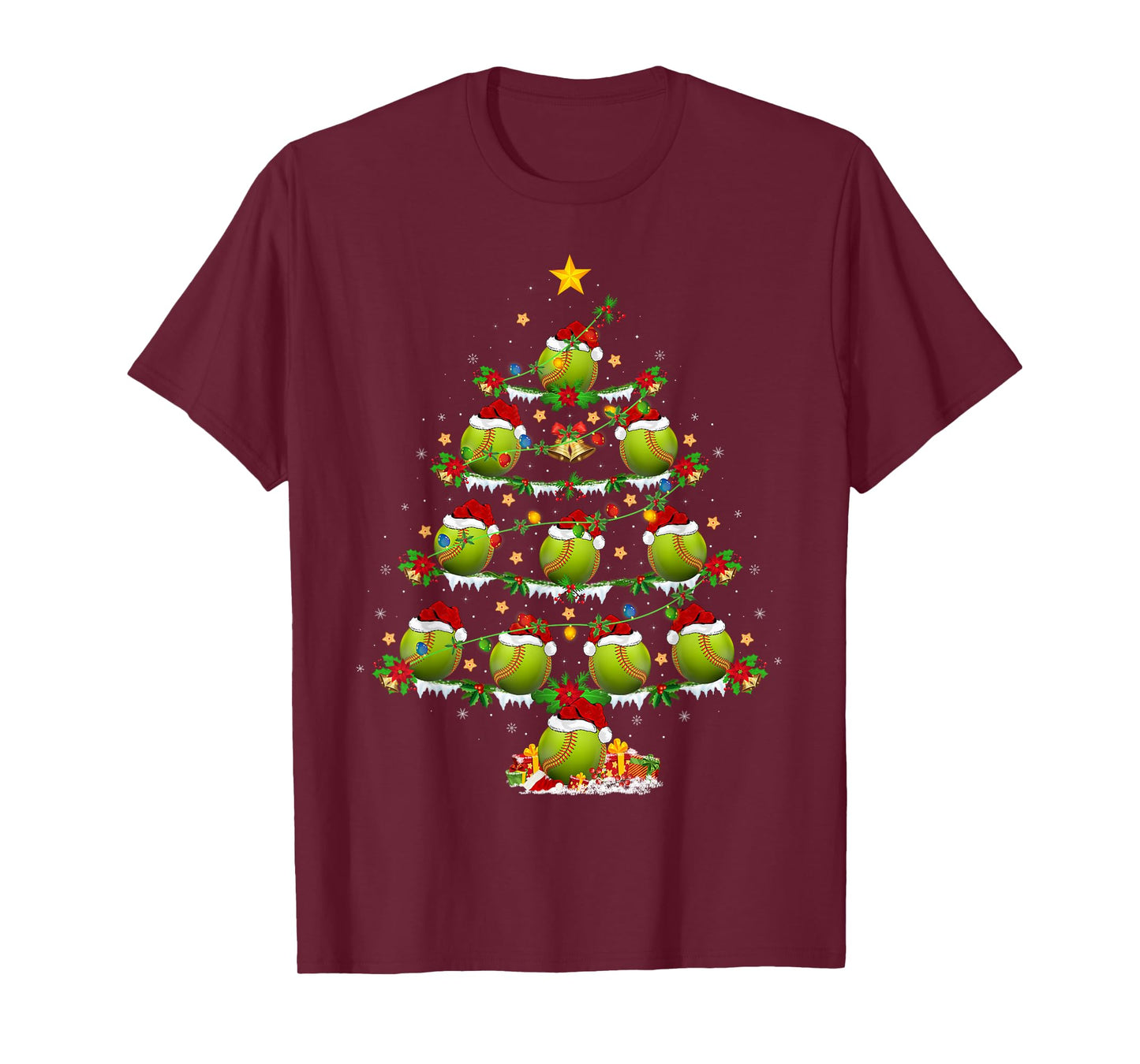 Baseball Softball Christmas Tree Lights Sports Player Xmas T-Shirt