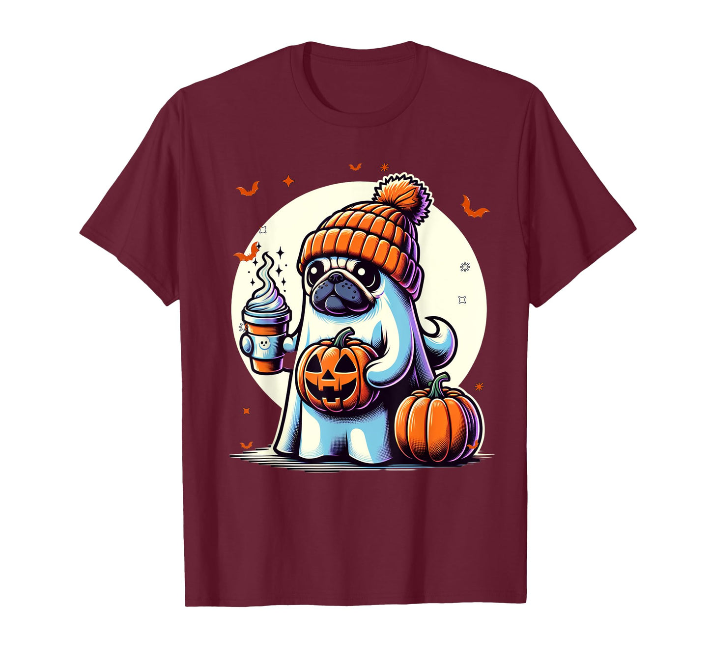 Ghost Pug Pumpkin Drinks Beanie Fall Halloween T-Shirt