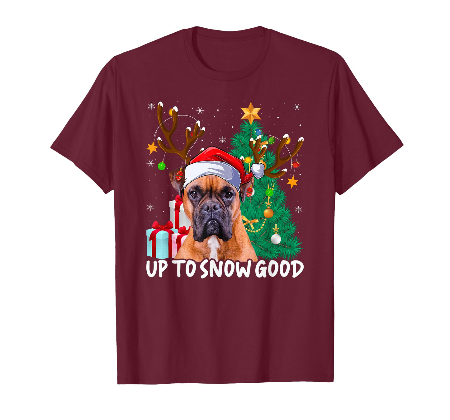 Boxer Dog Christmas Tree Lights Reindeer Santa Hat Xmas T-Shirt