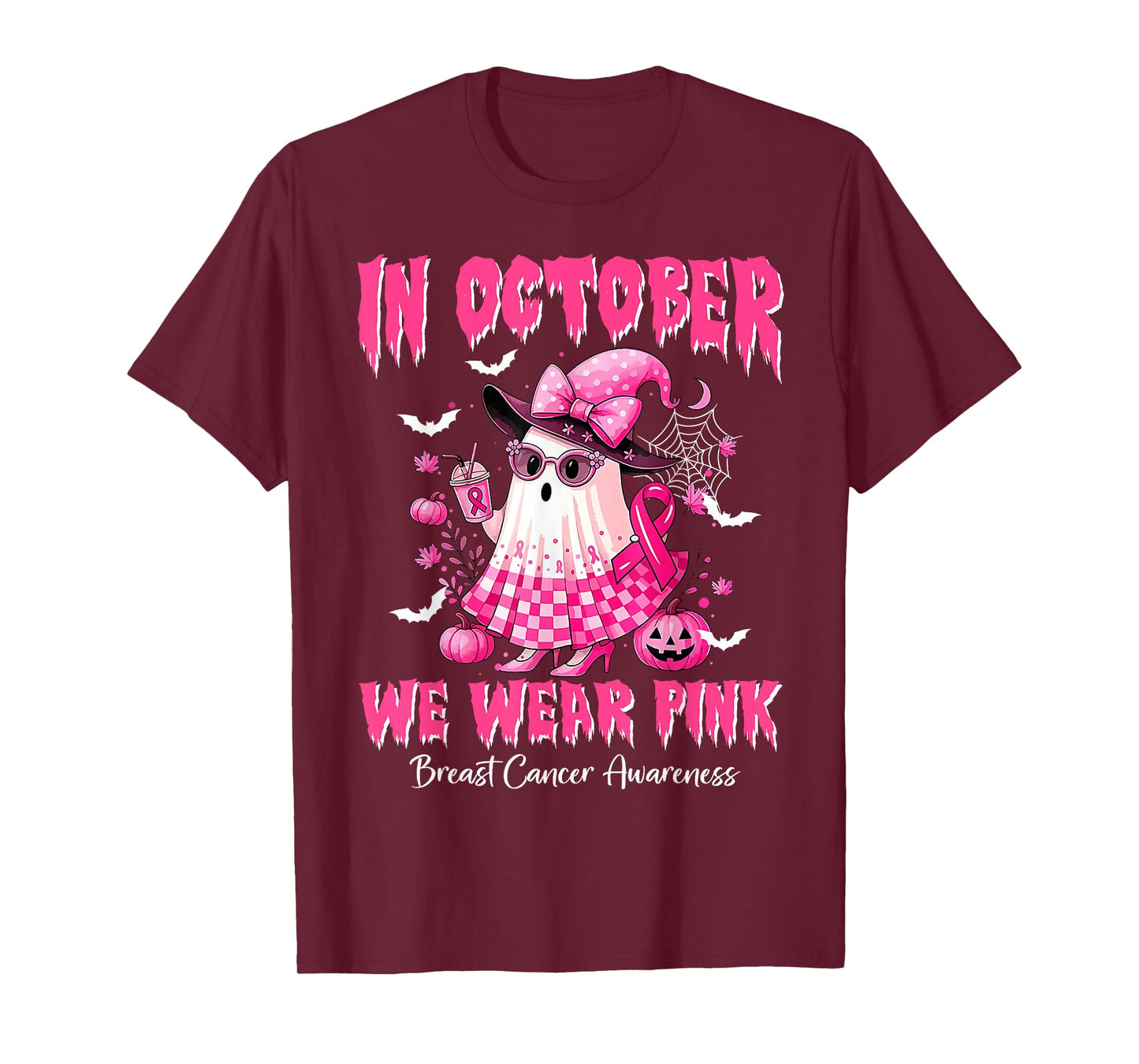 in October We Wear Pink Ghost Witch Breast Cancer Awareness T-Shirt