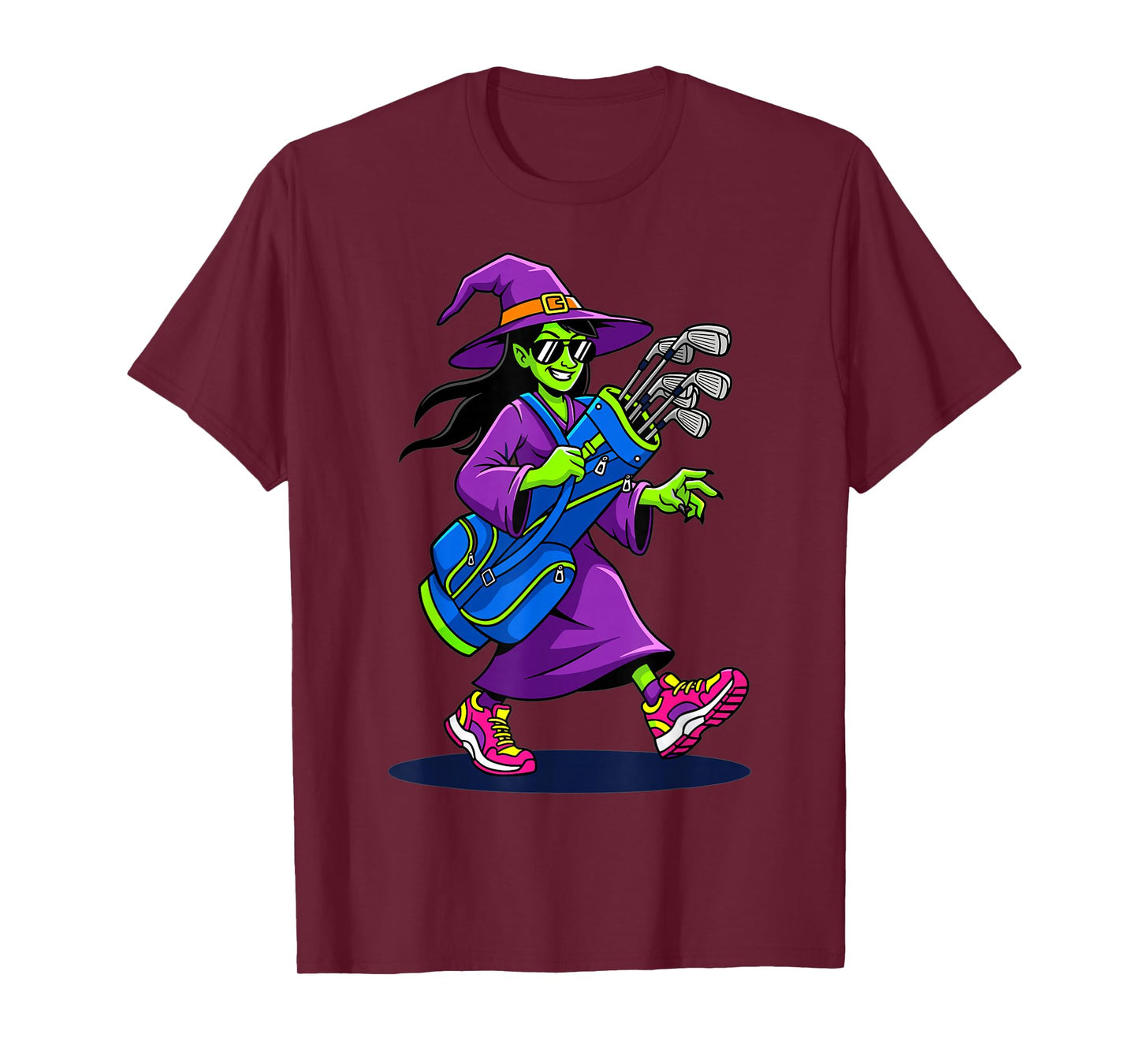 Witch Golfer Cartoon Golf Clubs Halloween Costume T-Shirt