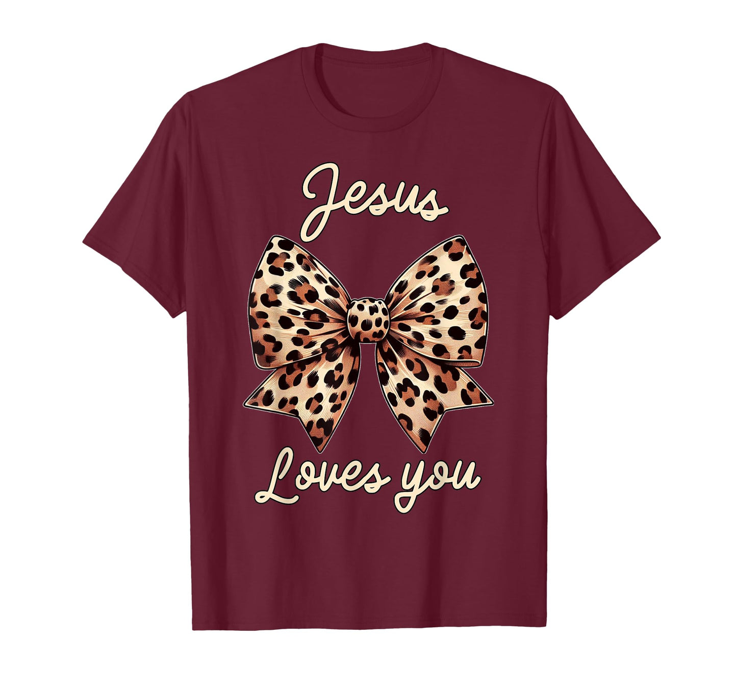 Cute Christian Design Leopard Coquette Bow Jesus Loves You T-Shirt