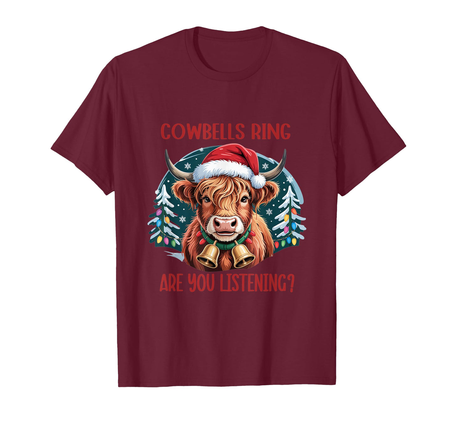 Cute Highland Cow Bells Funny Christmas Cows Lover Santa Hat T-Shirt