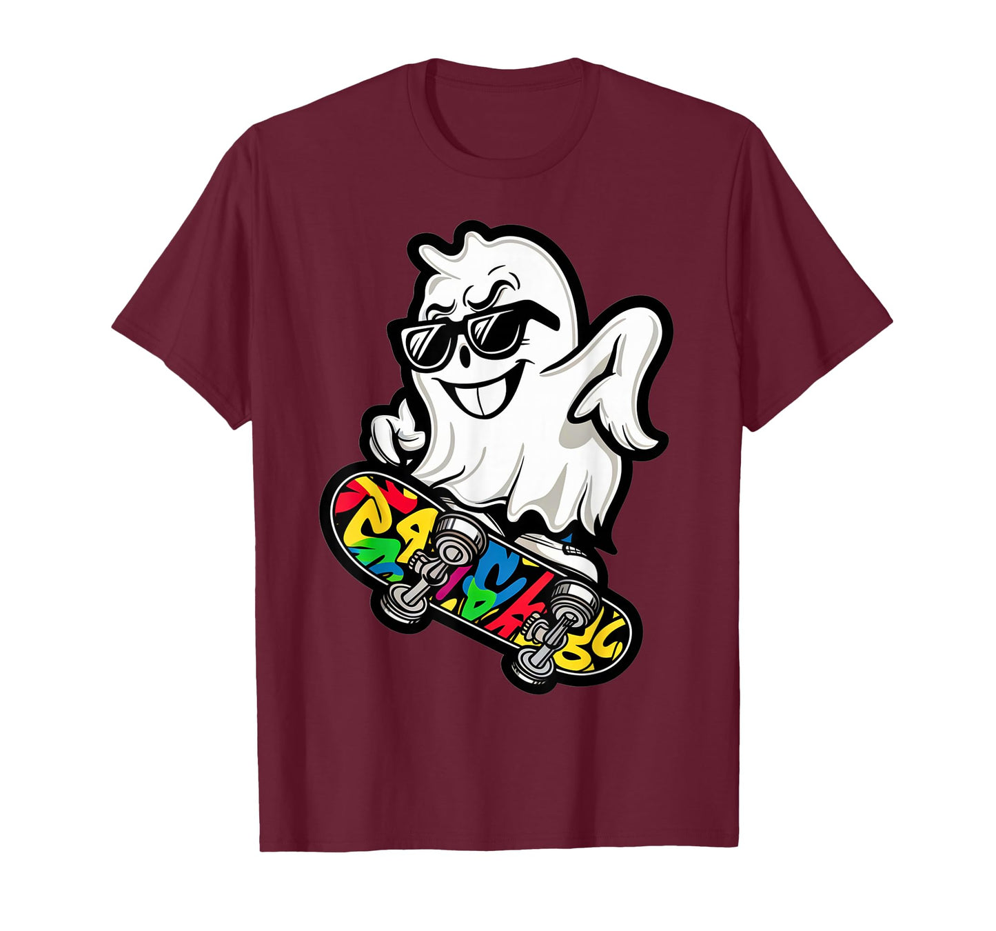 Funny Ghost On Skateboard Retro Halloween Costume Kids Boys T-Shirt