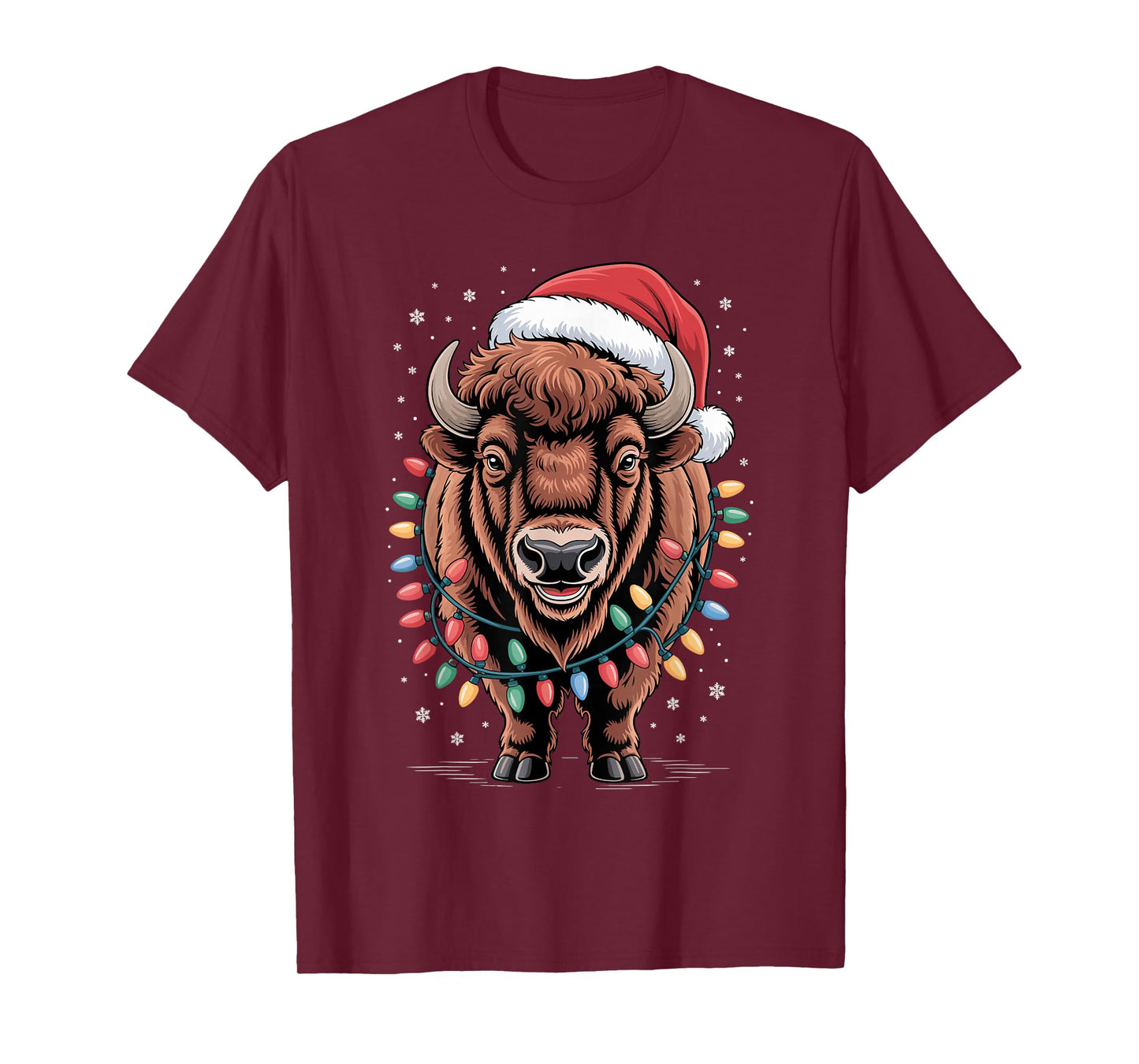 Christmas Bison Buffalo Holiday Colorful Light Santa Hat Fun T-Shirt