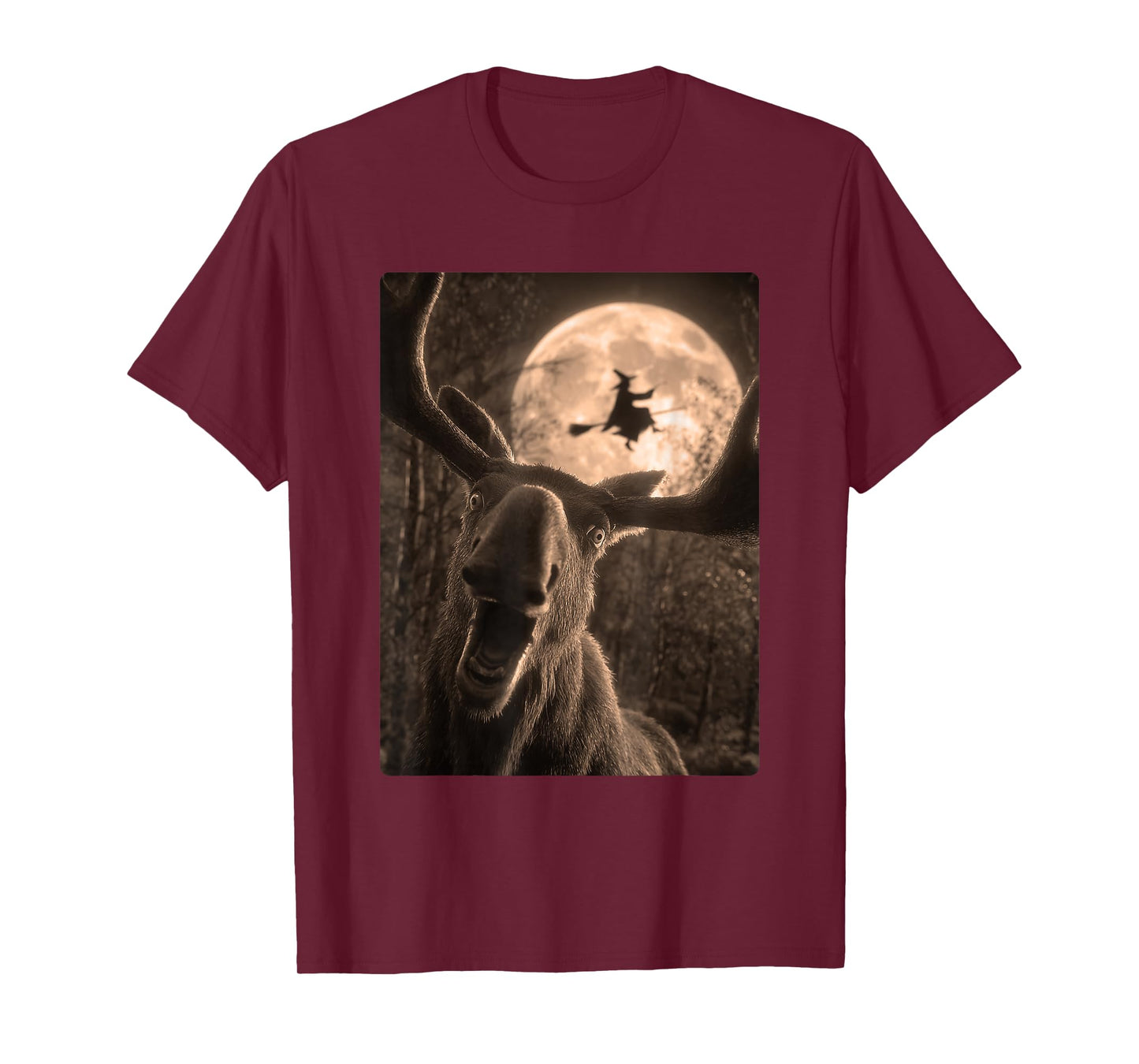 Funny Moose Selfie Full Moon Flying Witch Forest Halloween T-Shirt
