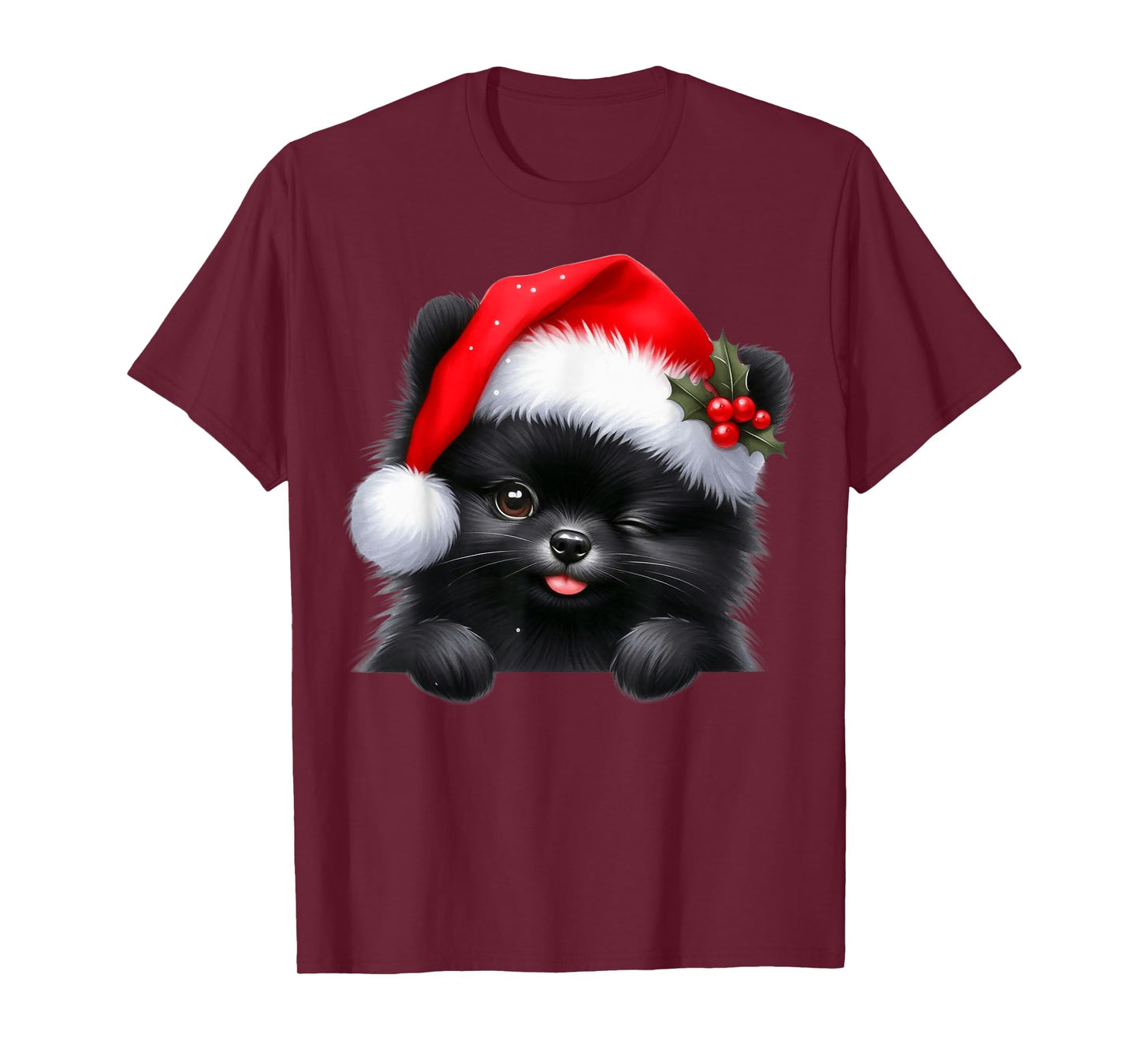 Black Pomeranian Dog Christmas Santa Hat Dog Mom Dad T-Shirt