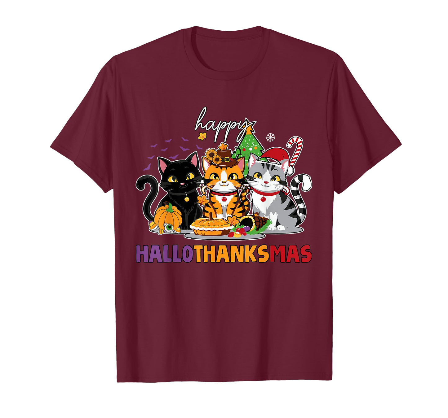 Halloween Thanksgiving Christmas Happy Hallothanksmas Cats T-Shirt
