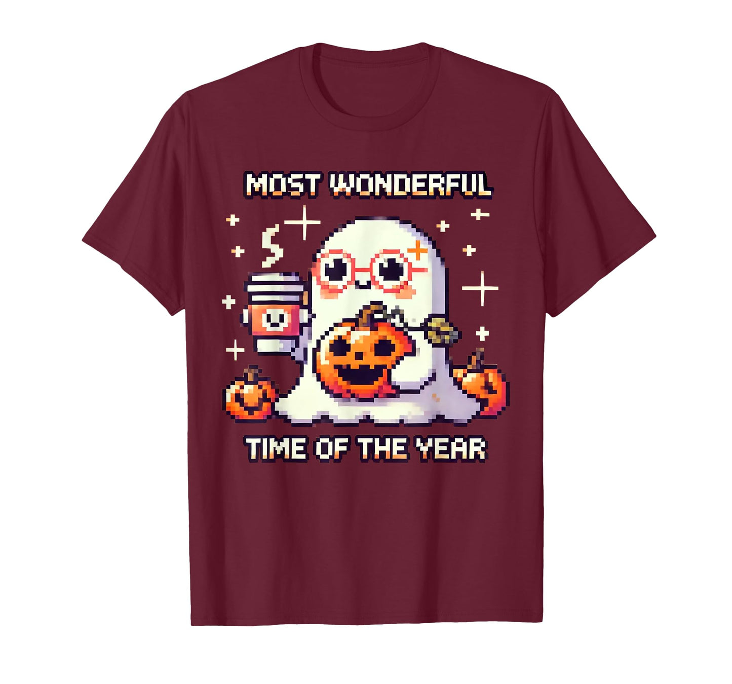 Halloween Pixel Ghost Drinking Coffee Lover Cute Ghost Gamer T-Shirt