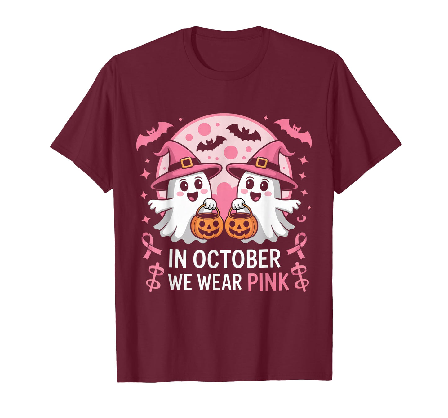 in October We Wear Pink Ghost Witch Breast Cancer Awareness T-Shirt