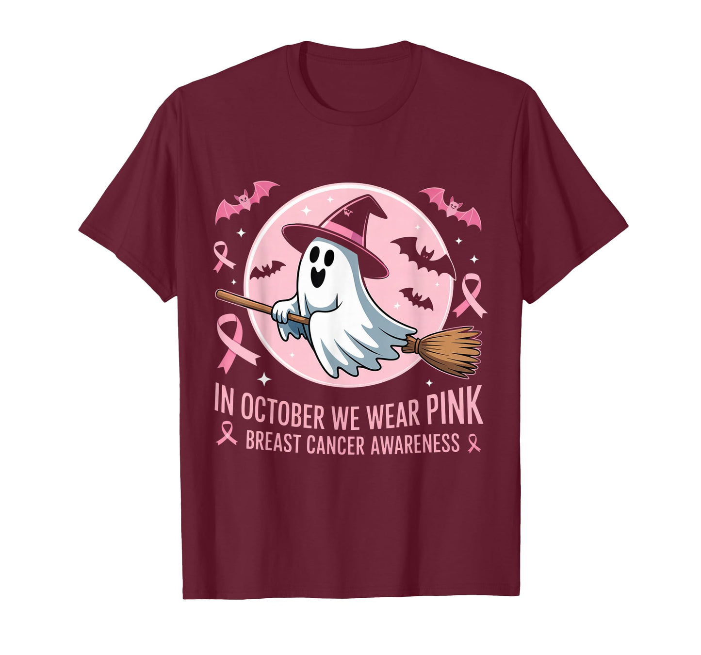 in October We Wear Pink Ghost Witch Breast Cancer Awareness T-Shirt