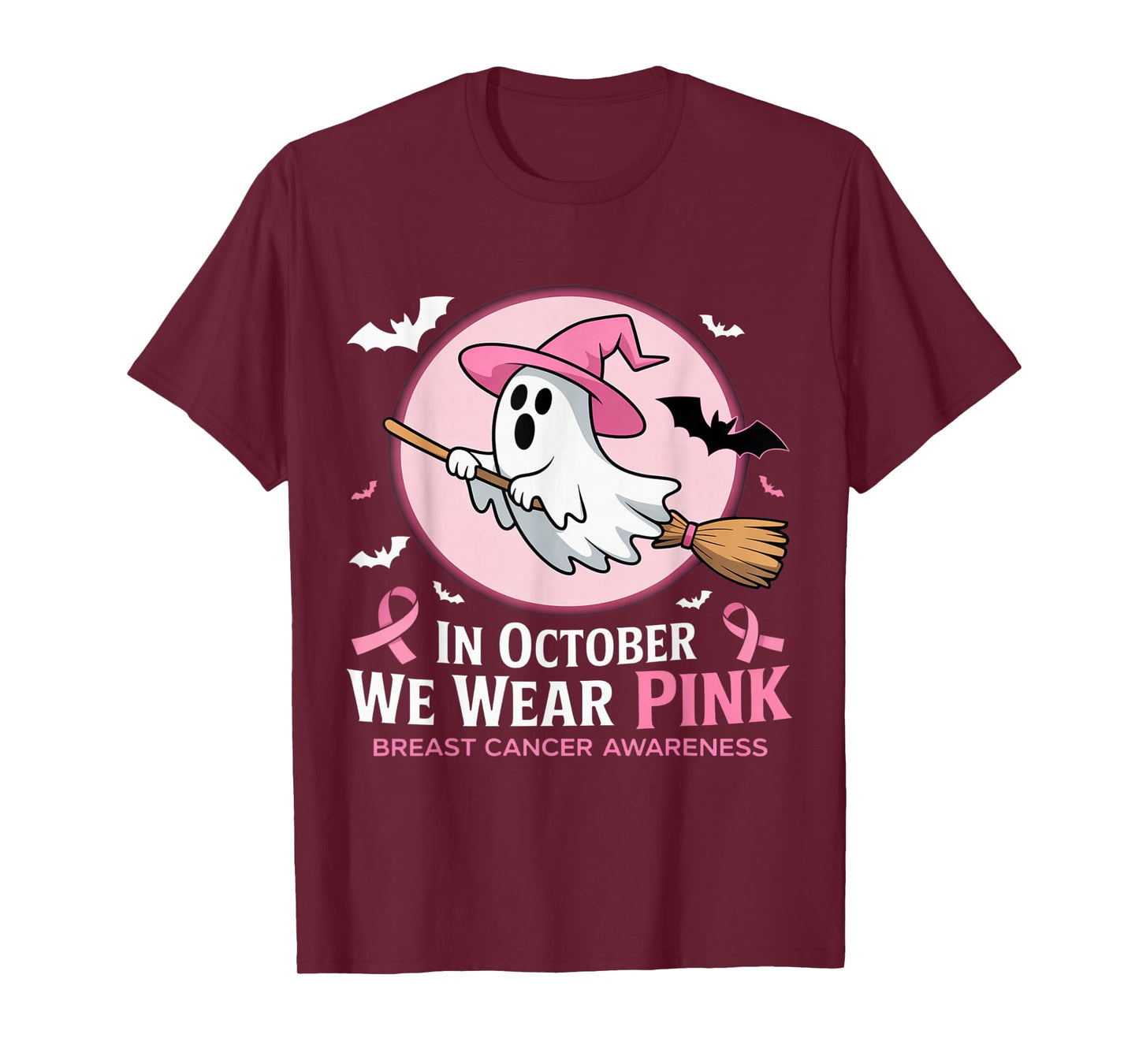 in October We Wear Pink Ghost Witch Breast Cancer Awareness T-Shirt