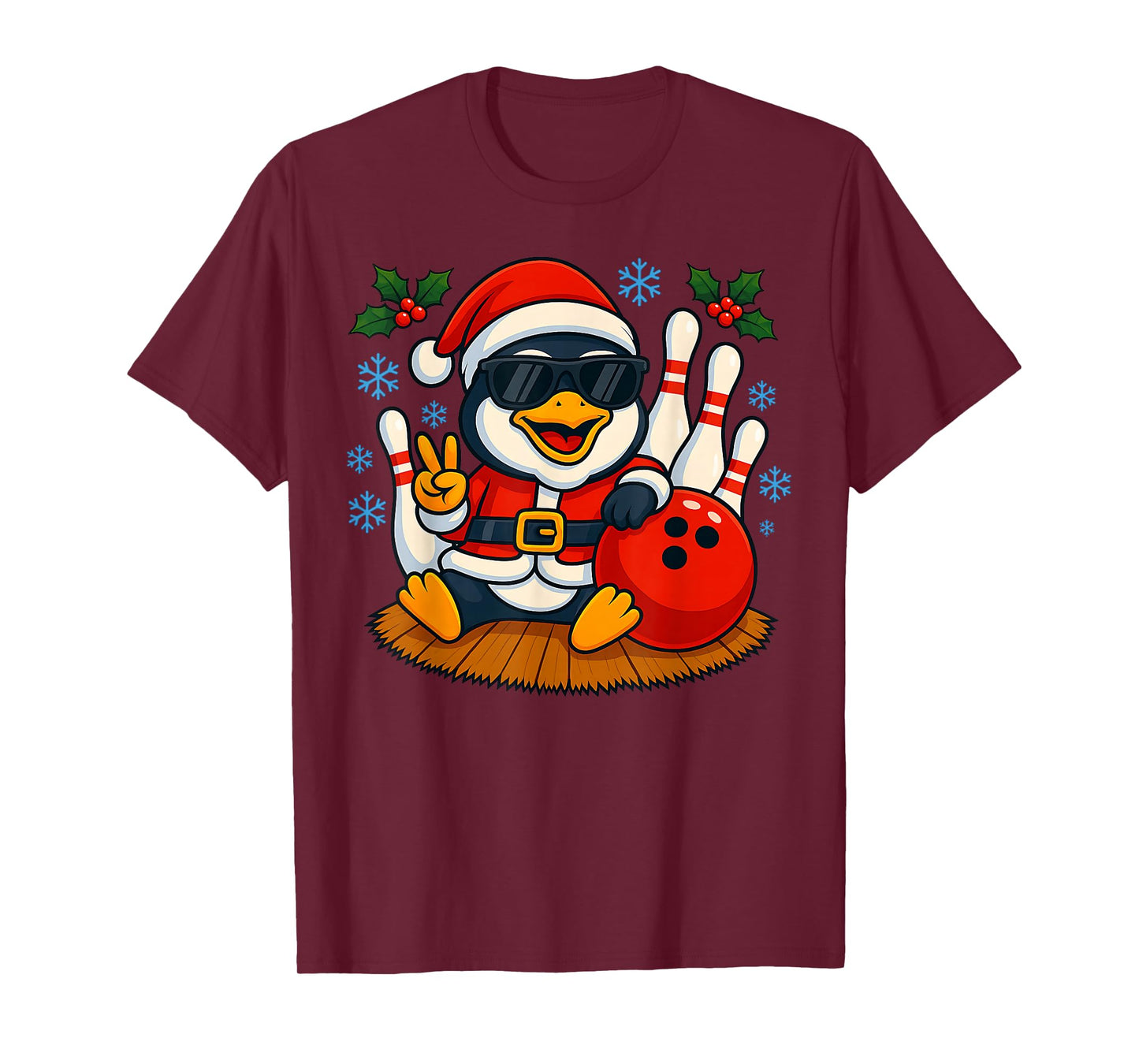 Cute Santa Penguin Bowling Christmas Funny Holiday Vibes T-Shirt