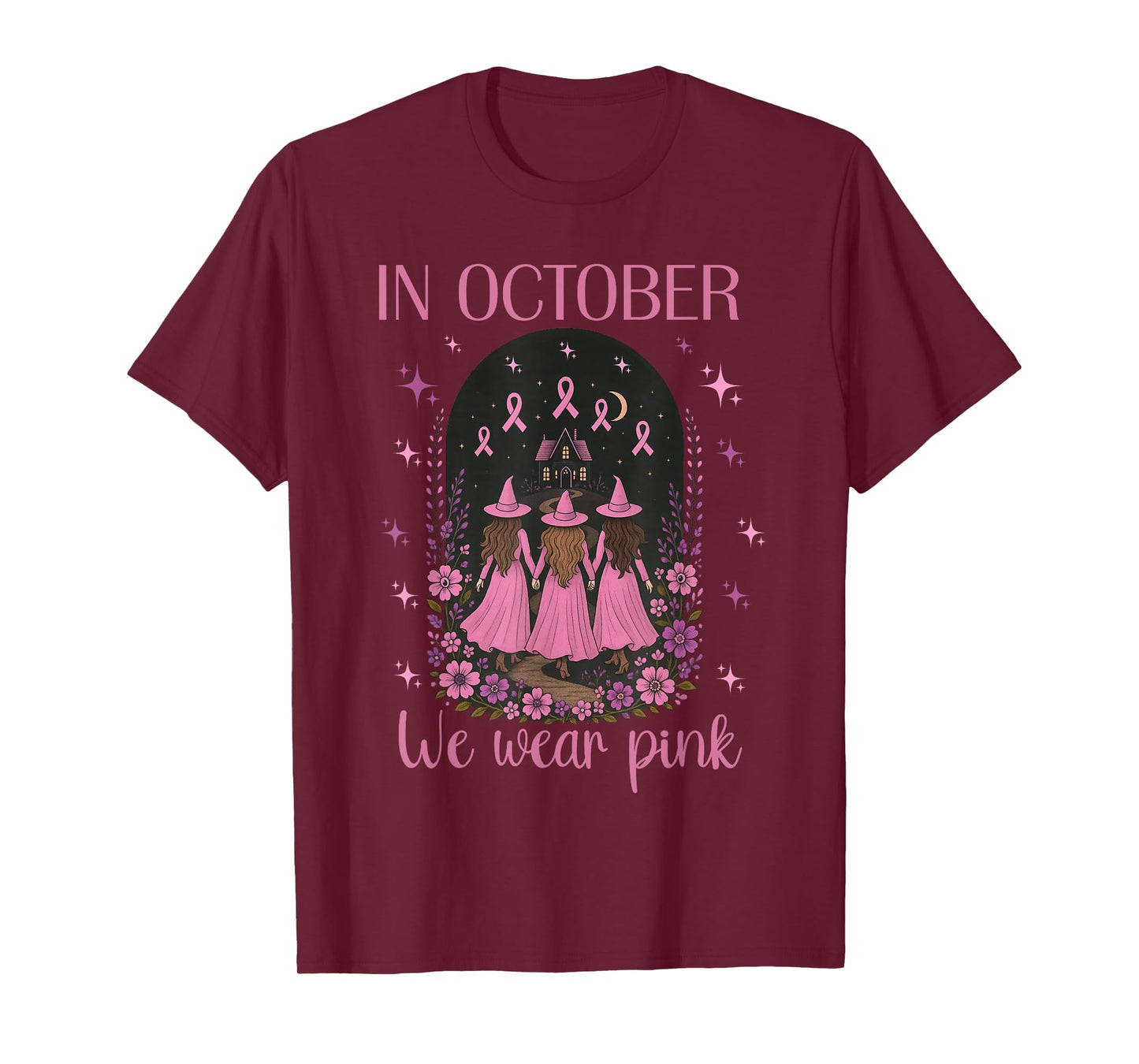 in October We Wear Pink Witch Halloween Breast Cancer Women T-Shirt