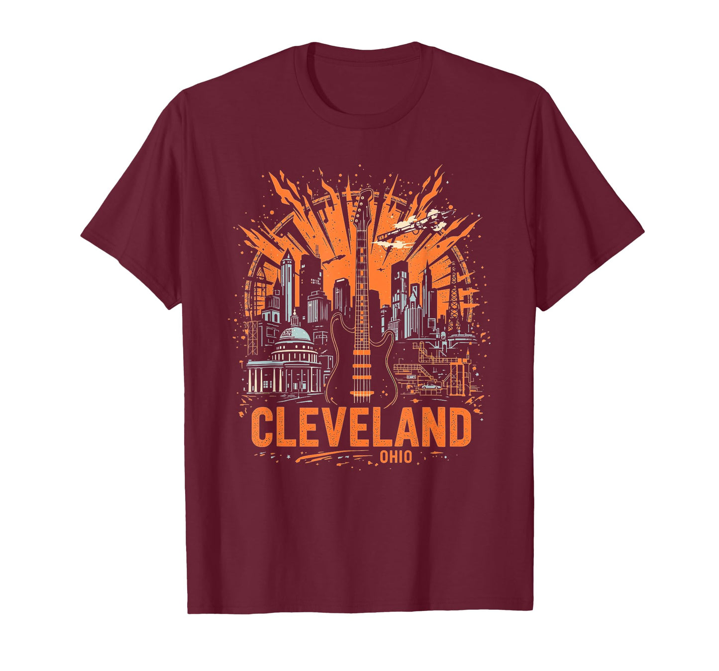 Vintage Cleveland Ohio Guitar Skyline Cityscape T-Shirt