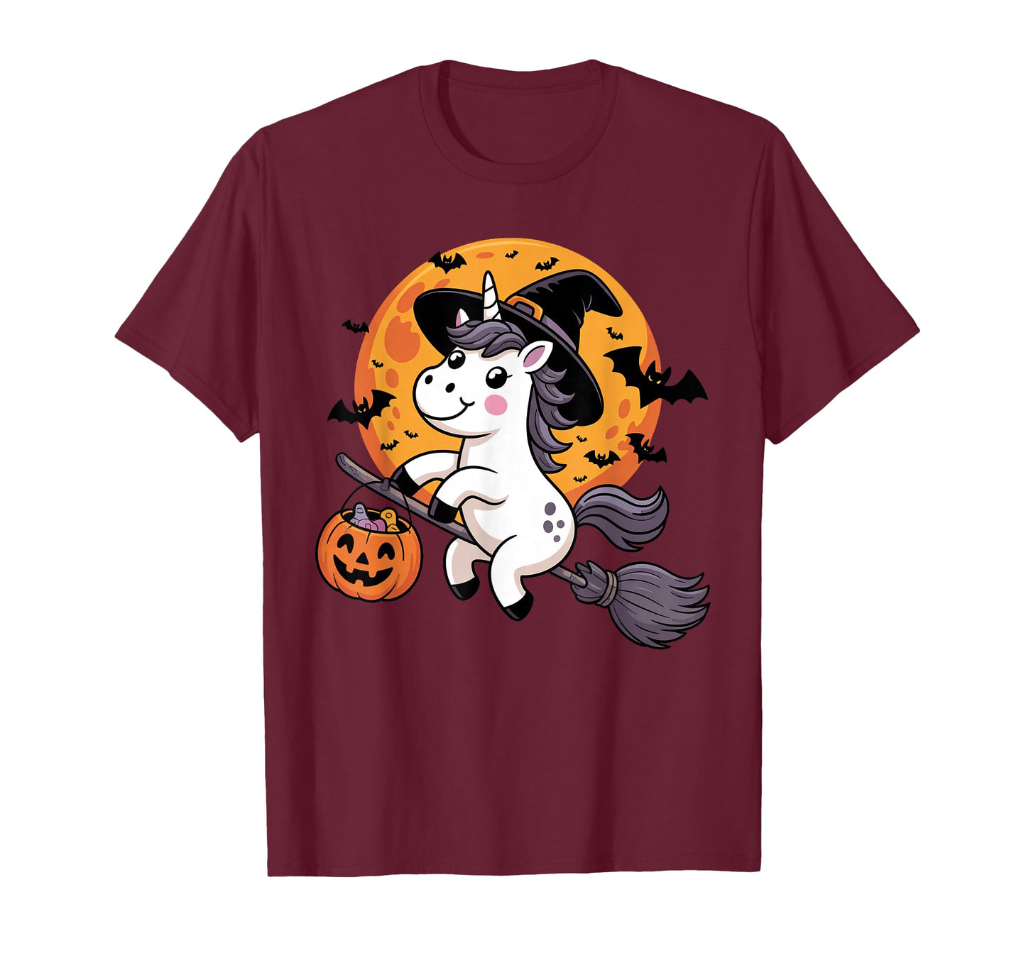 Halloween Unicorn Witch Hat and Broom Pumpkin Candy Bucket T-Shirt