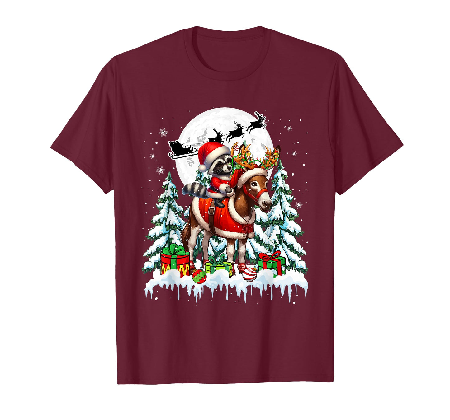 Santa Raccoon Riding Reindeer Donkey Christmas Trees Farmer T-Shirt
