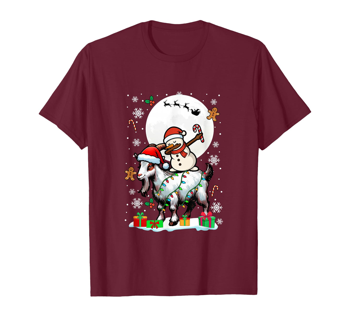 Dabbing Snowman On Goat Christmas Santa Colorful Lights T-Shirt