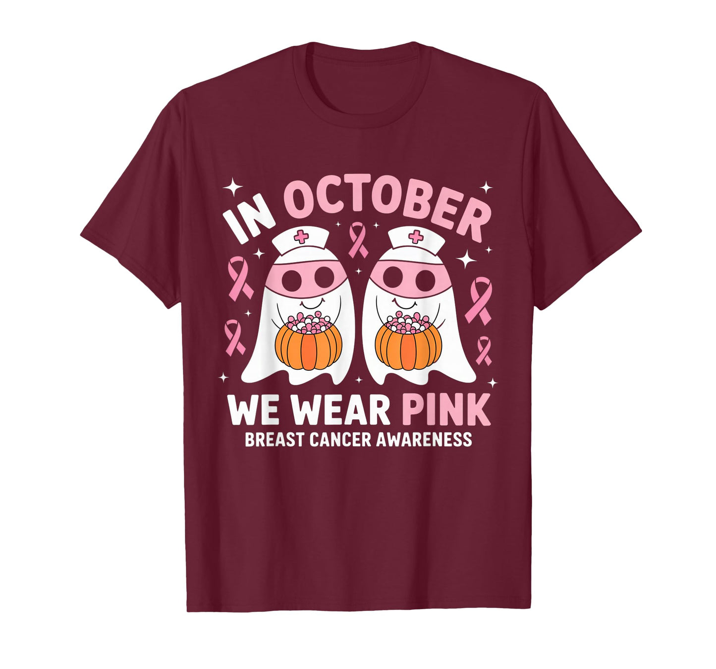 in October We Wear Pink Ghost Witch Breast Cancer Awareness T-Shirt