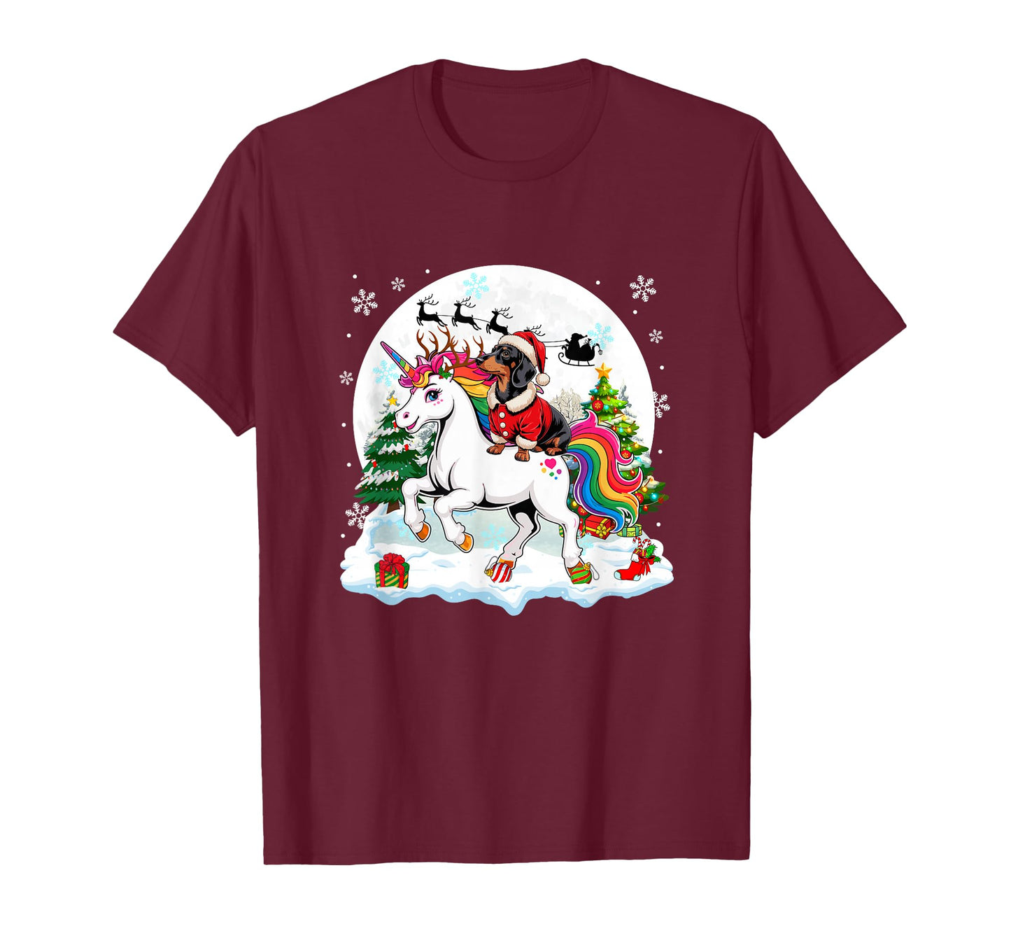 Santa Dachshund Riding Unicorn Reindeer Christmas Owner Kids T-Shirt