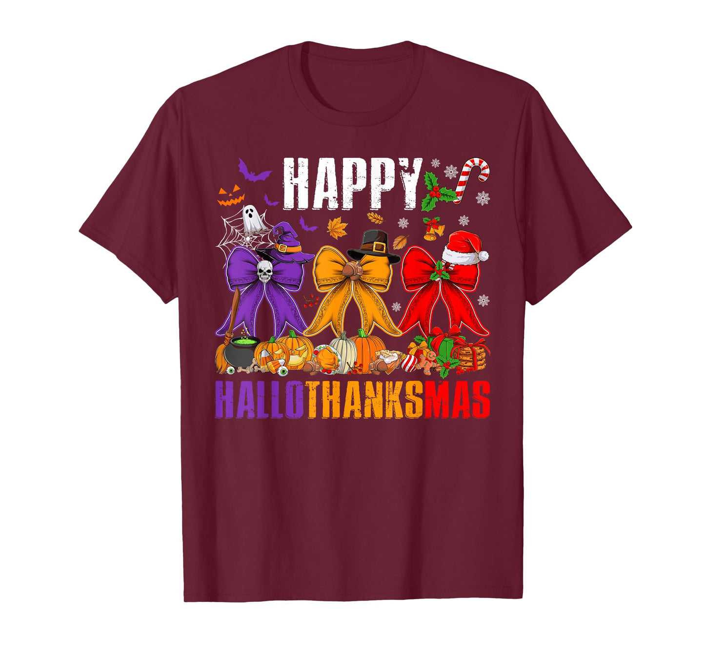 Happy Hallothanksmas Coquette Bows Halloween Thanksgiving T-Shirt