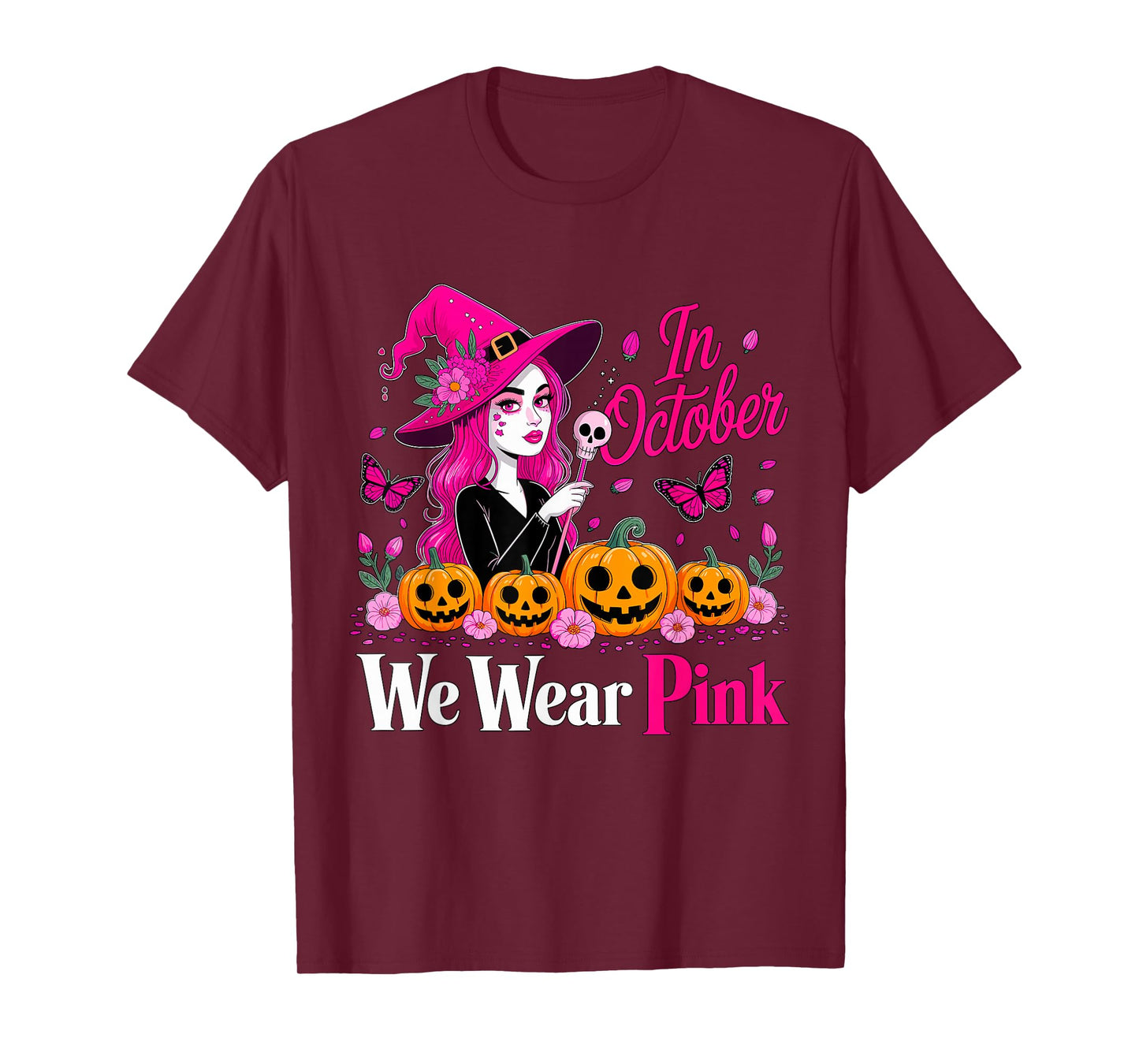 in October We Wear Pink Breast Cancer Witch Halloween T-Shirt