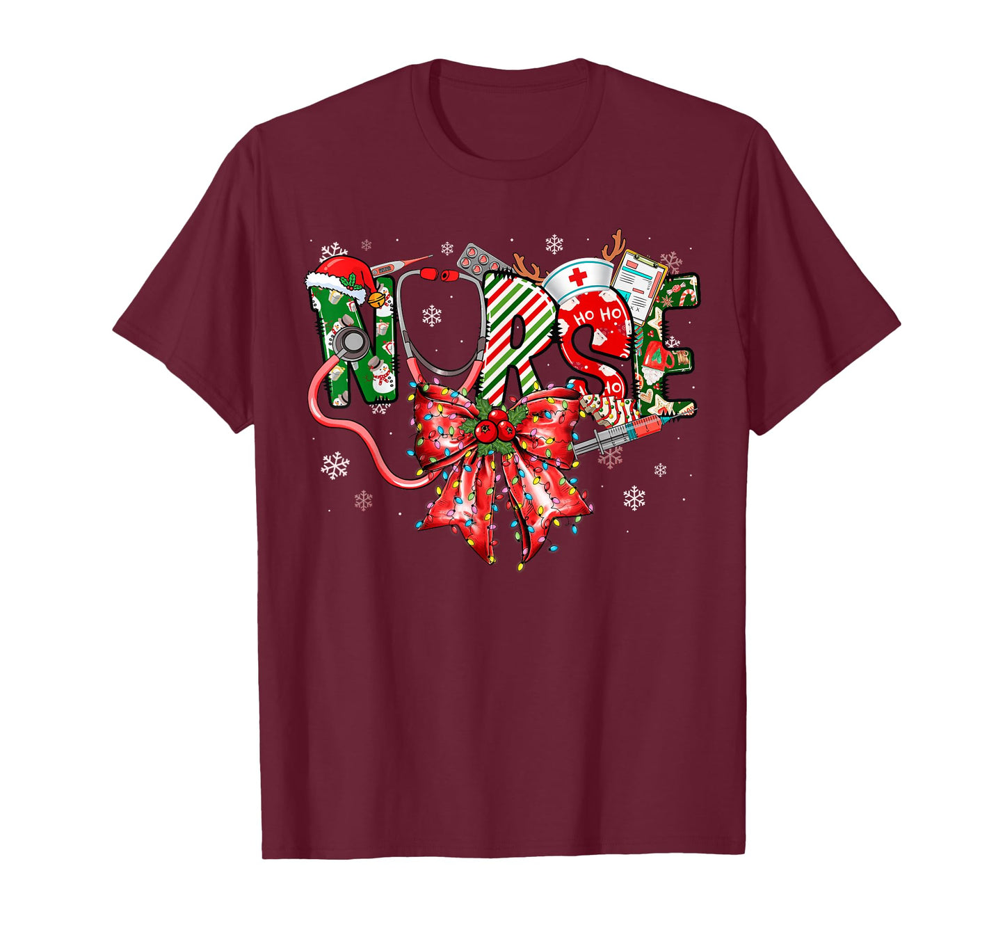 Nurse Coquette Bow Christmas Stethoscope Pajamas Holiday T-Shirt
