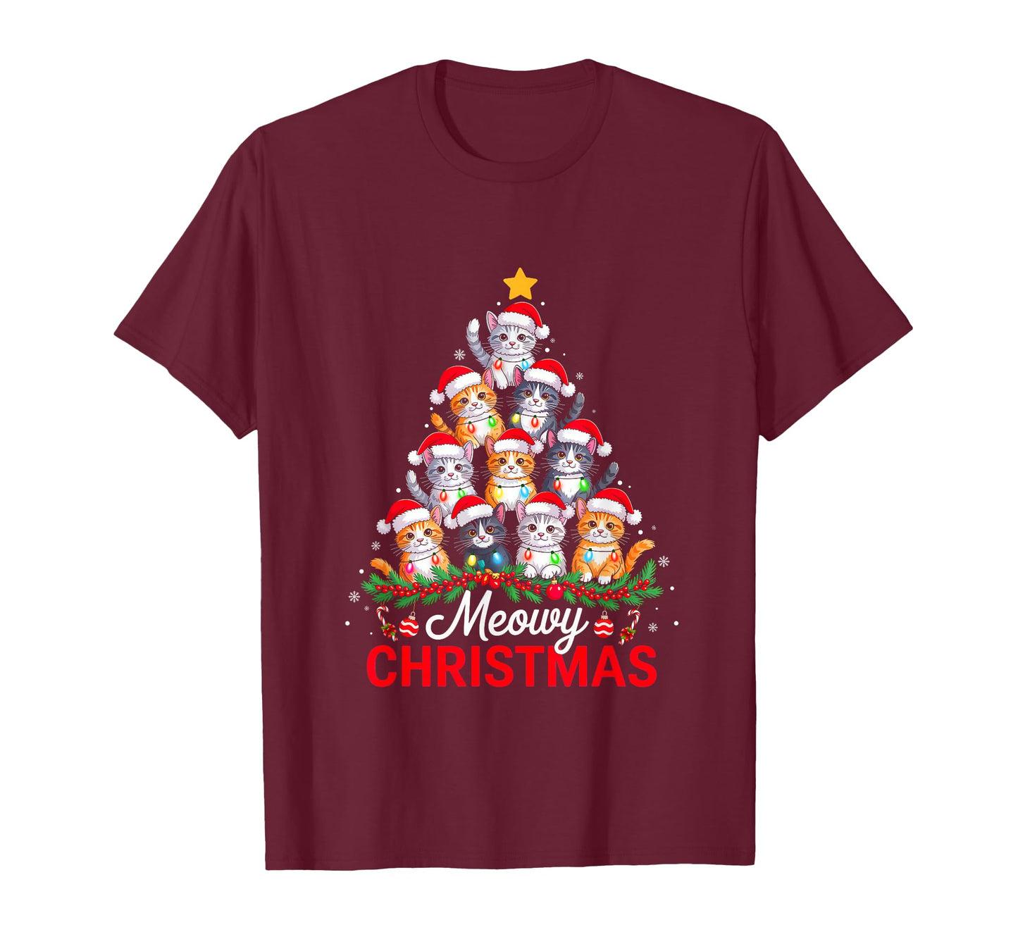 Meowy Christmas Tree Lights Cat Santa Xmas Family Men Women T-Shirt
