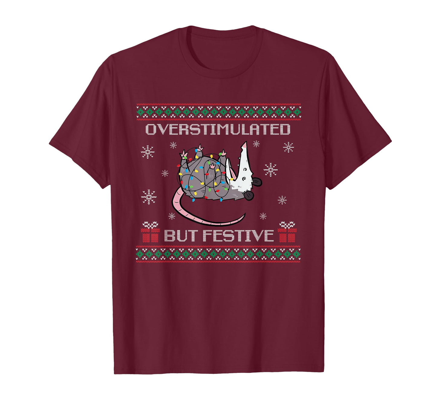 Overstimulated But Festive Opossum Christmas Tree Light Ugly T-Shirt