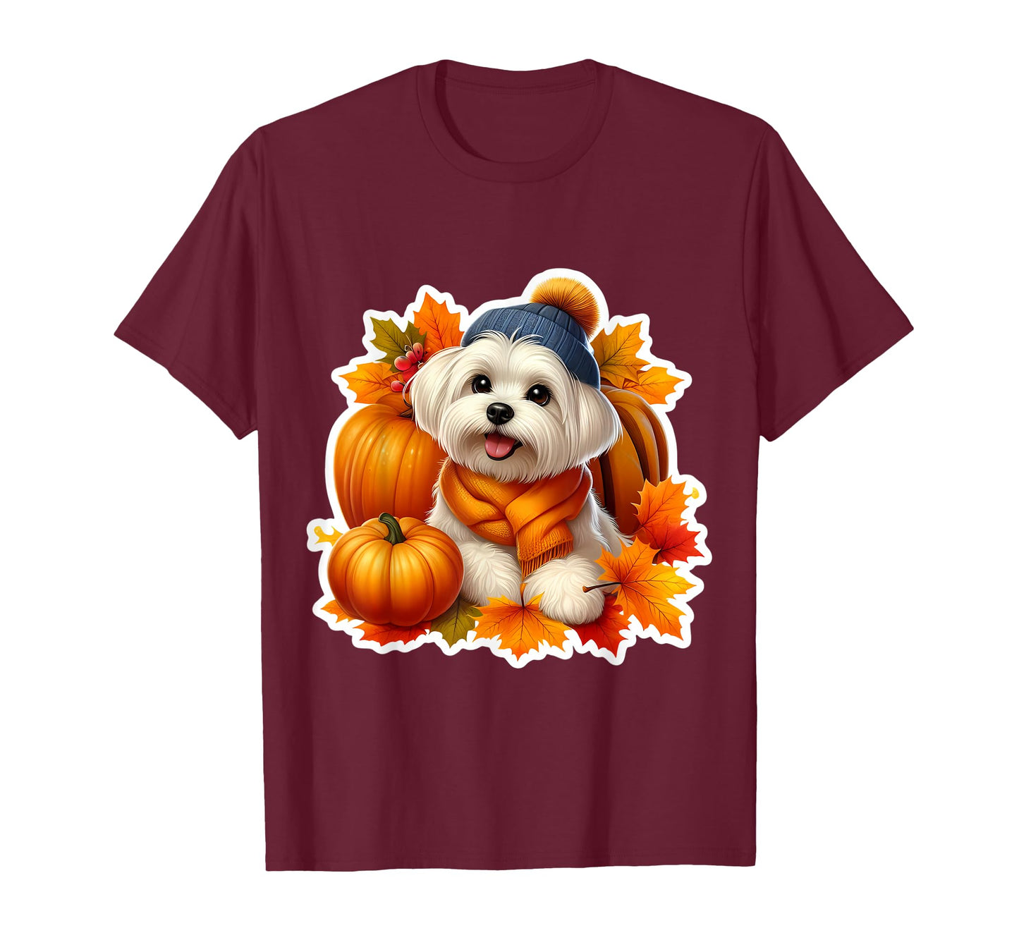 Autumn Fall Maltese Dog Owner Lover Pumpkin Leaves Vintage T-Shirt