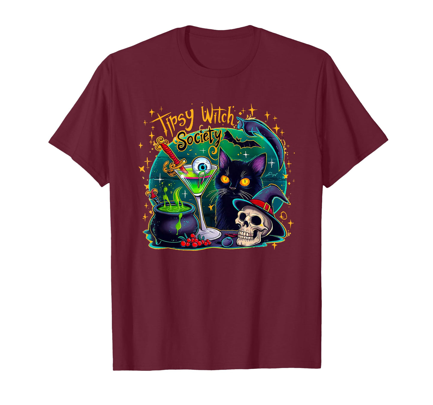 Tipsy Witch Society Halloween Black Cat Cocktail Drinking T-Shirt