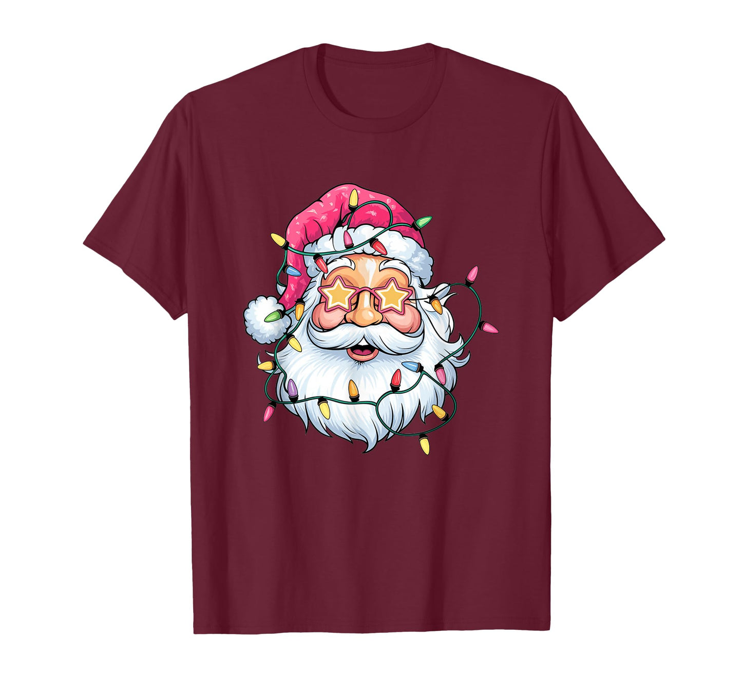 Santa with Star Glasses and Christmas Lights T-Shirt