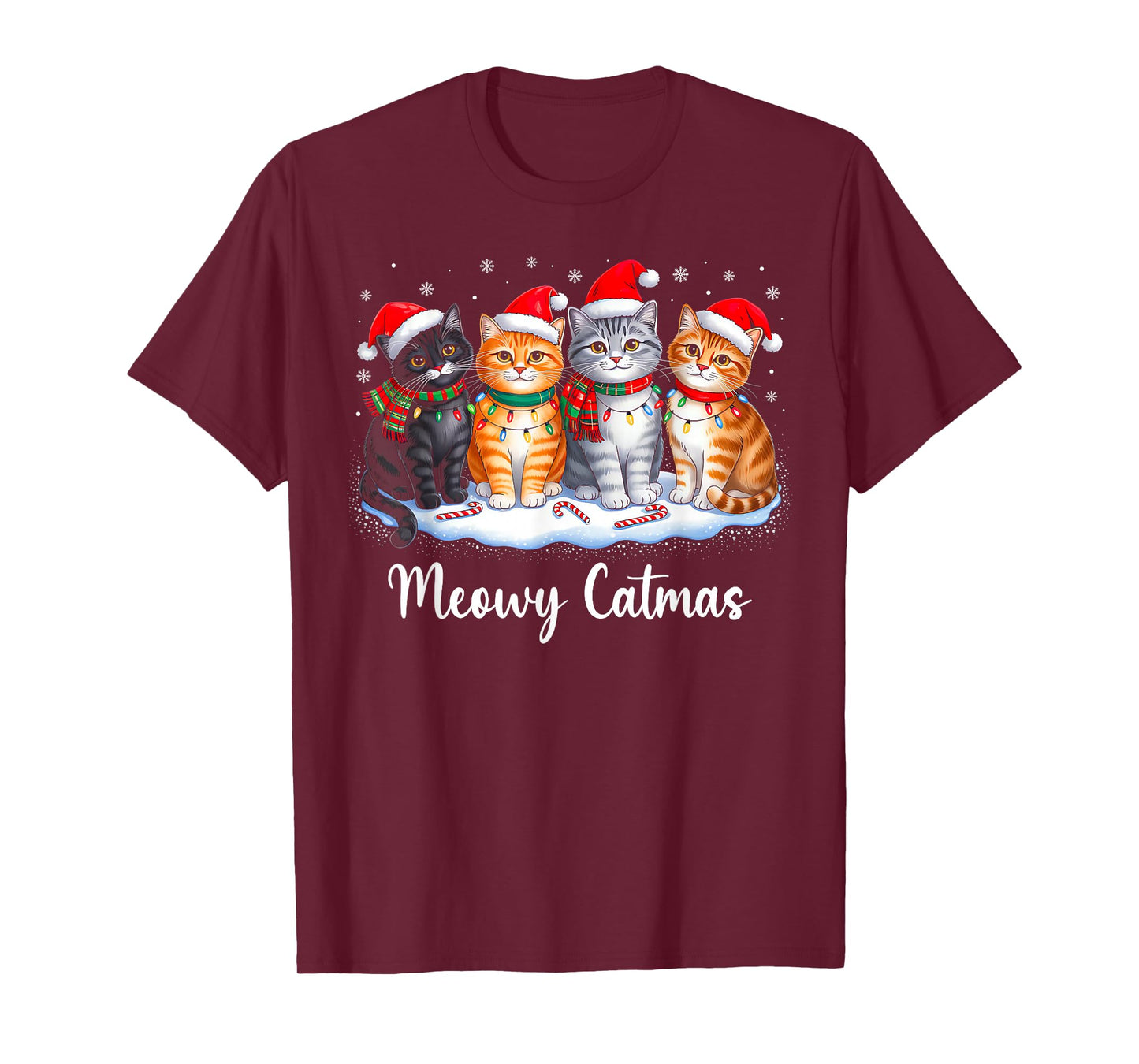 Meowy Catmas Cat Christmas Lights Xmas Pajamas Cat Lover T-Shirt