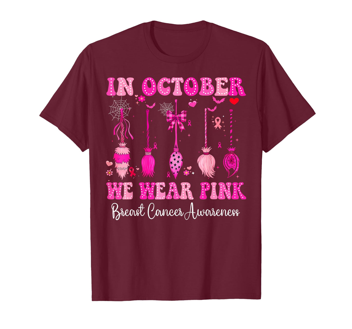 in October We Wear Pink Witch Broom Breast Cancer Halloween T-Shirt